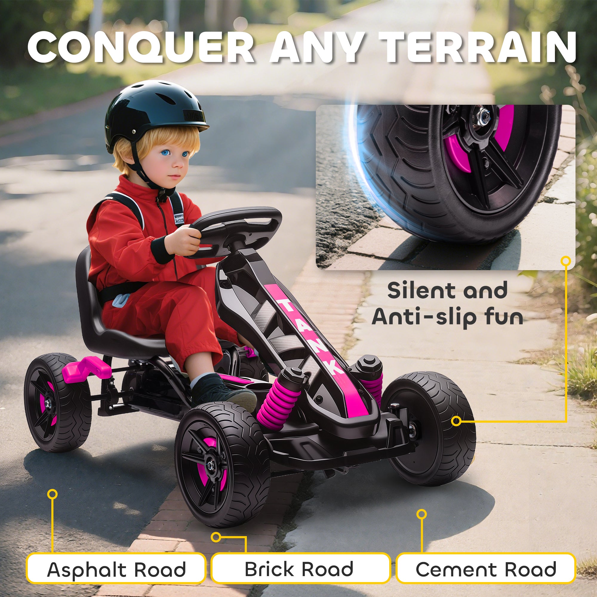 AIYAPLAY Pedal Go Kart for Kids Aged 3-6 Years, with Freewheel System, Brake, EVA Anti-Slip Wheels, Pink