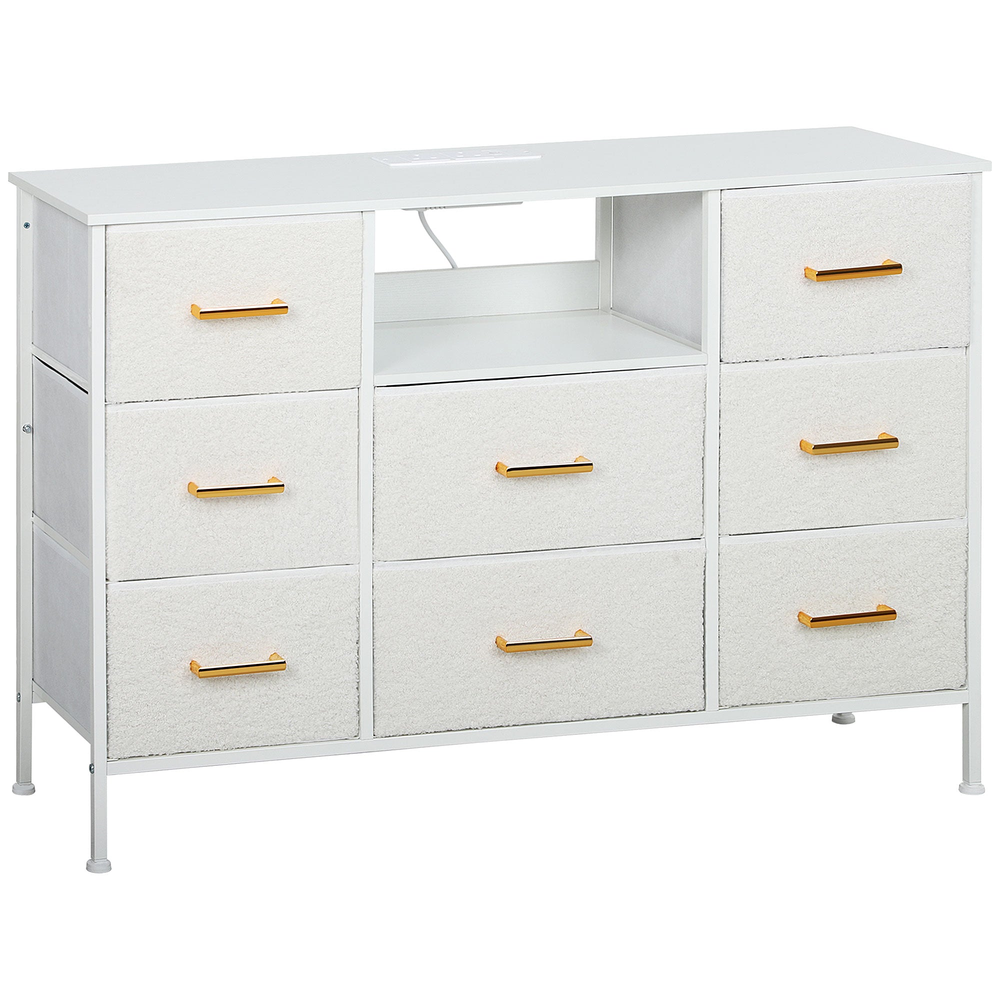 HOMCOM Boucle Chest of Drawers, 8 Fabric Drawers Storage Organiser with Charging Station, 2 USB and 2 AC Ports, Steel Frame, Fabric Dresser for Living Room, Bedroom, Hallway, Cream White