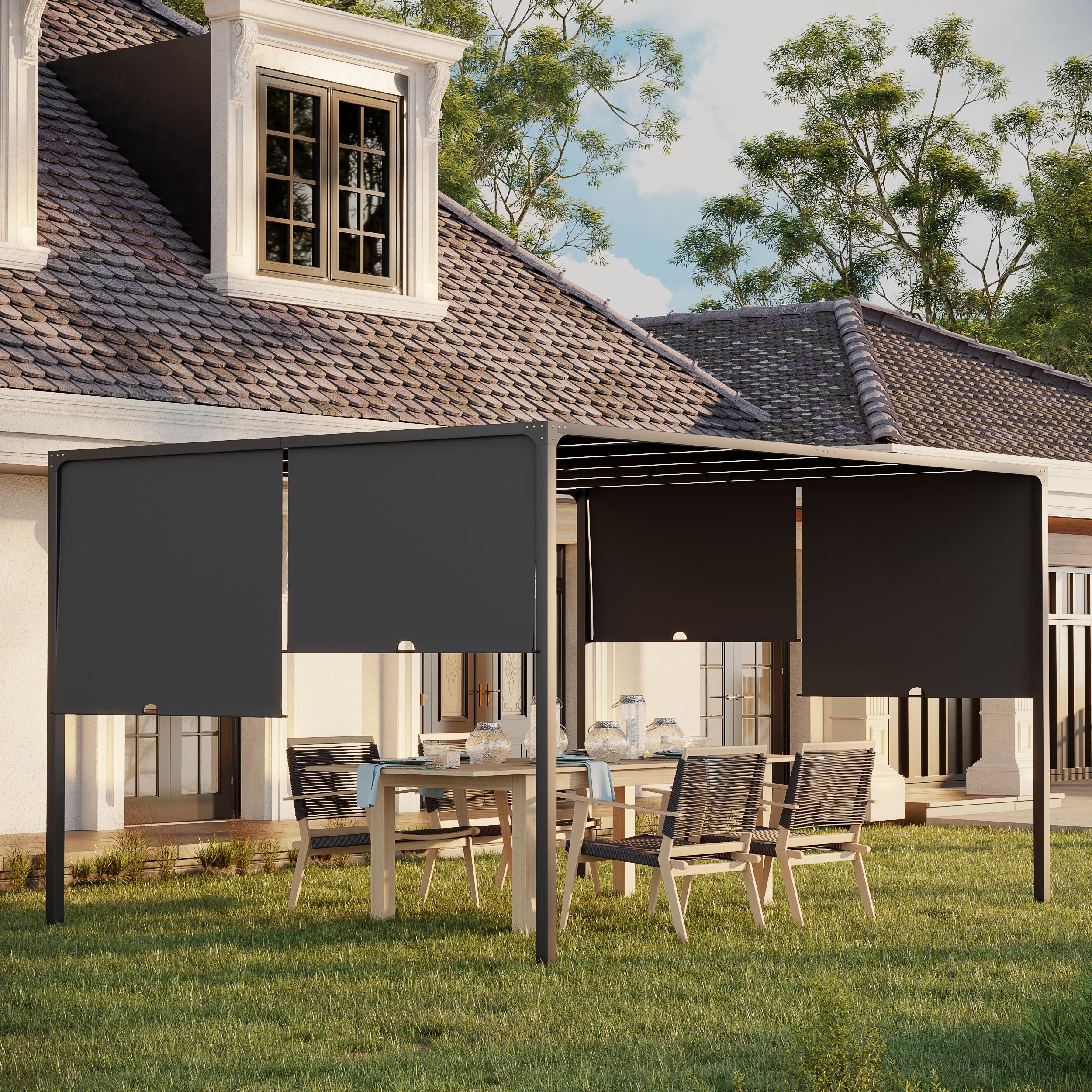 Outsunny 3(m) x 4m Metal Pergola with LED Lights, Outdoor Garden Pergola with Sliding Roof, Solar Powered, for BBQ,\'c2\'a0Lawn, Dark Grey