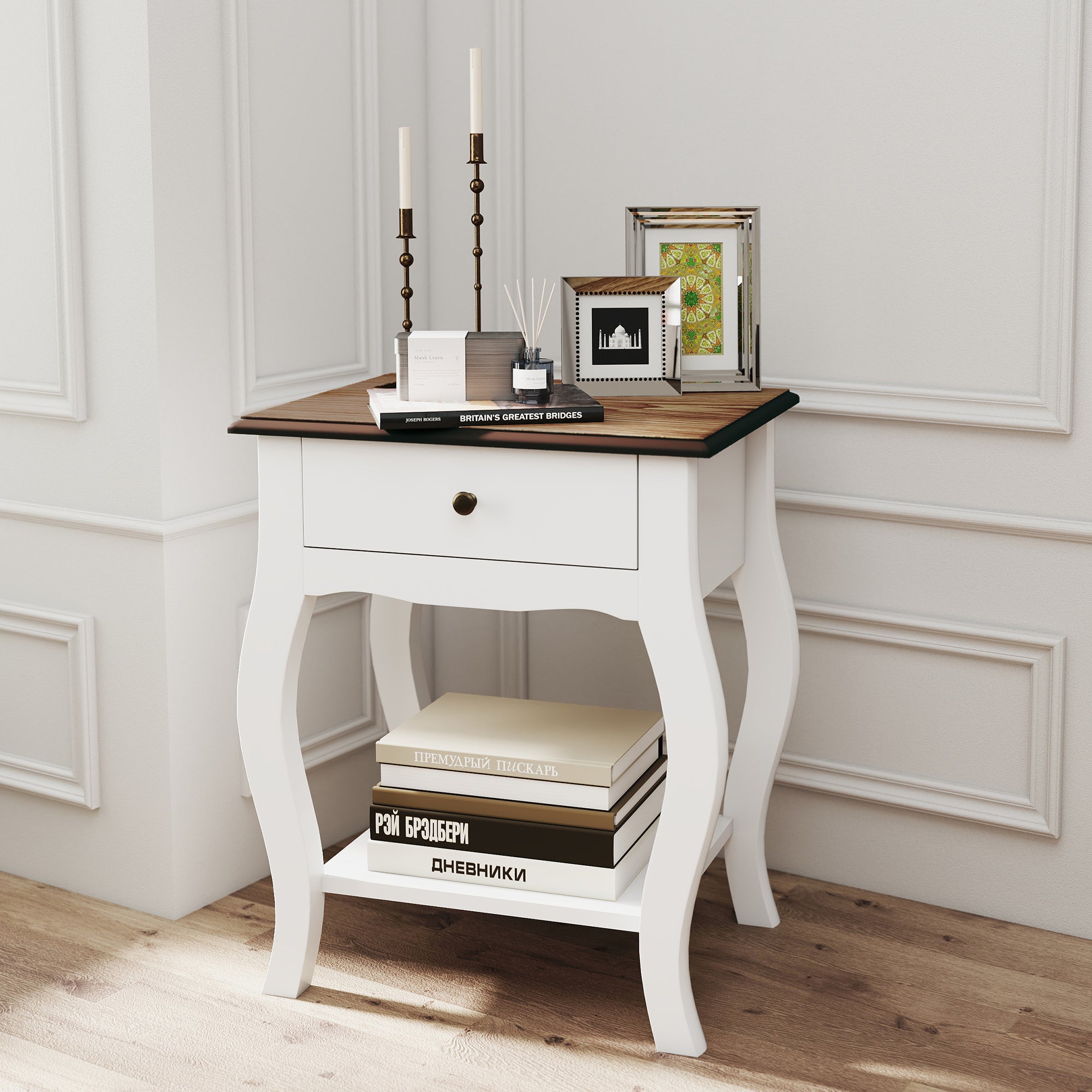 HOMCOM 2pcs Bedside Tables with Drawer, French Style Bedside Cabinets with Open Shelf for Bedroom, Living Room, White