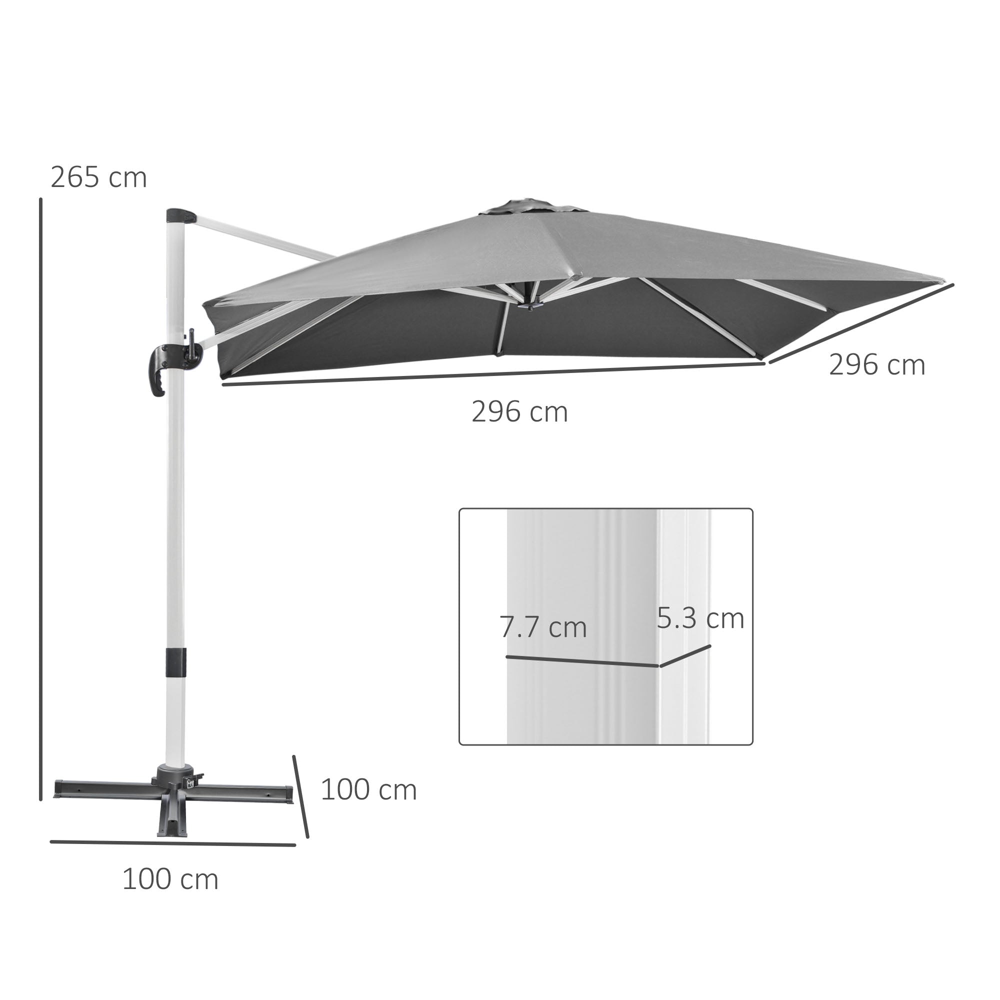 Outsunny 3 x 3(m) Cantilever Roma Parasol, Square Garden Umbrella with Cross Base, Crank Handle, Tilt, 360\'c2\'b0 Rotation and Aluminium Frame, Grey