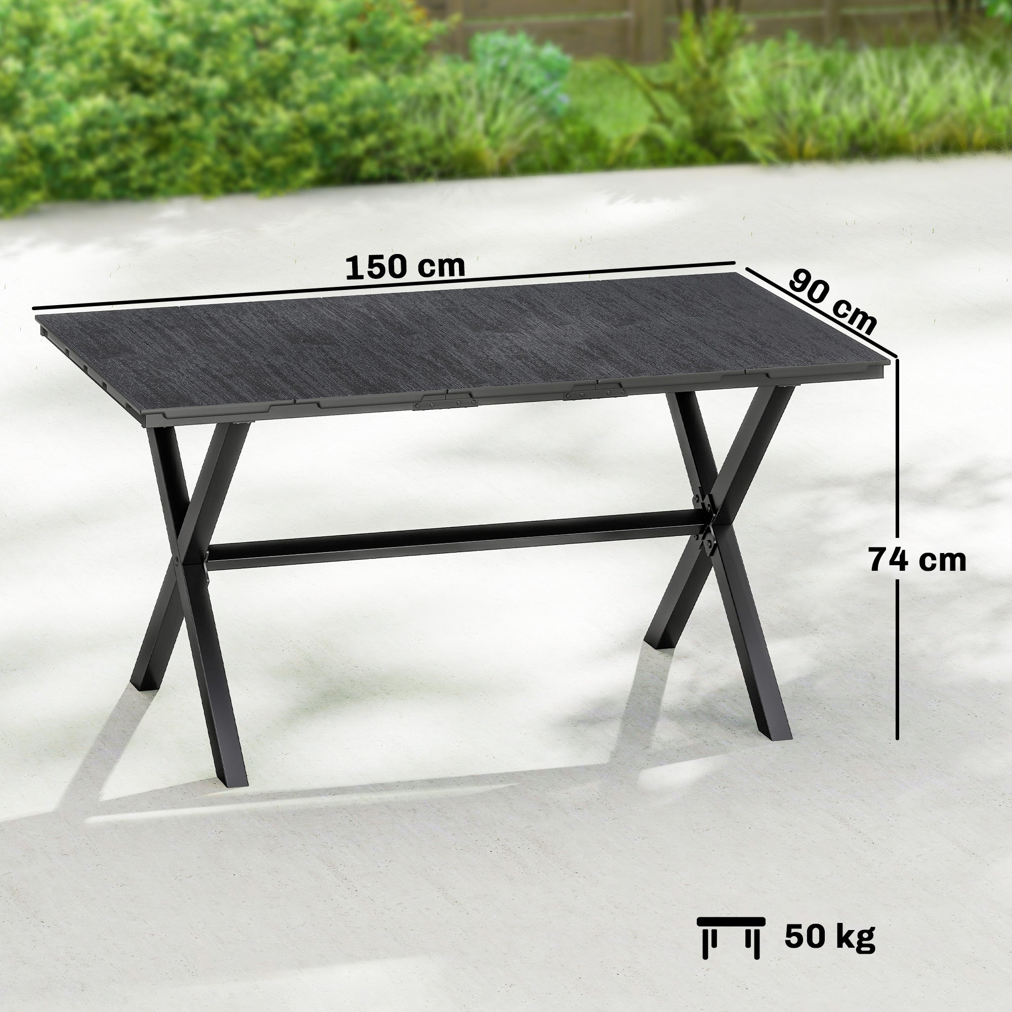 Outsunny Garden Dining Table for 6, Rectangular Outdoor Table with Wood Effect HDPE Top, X-Shaped Metal Legs, Black