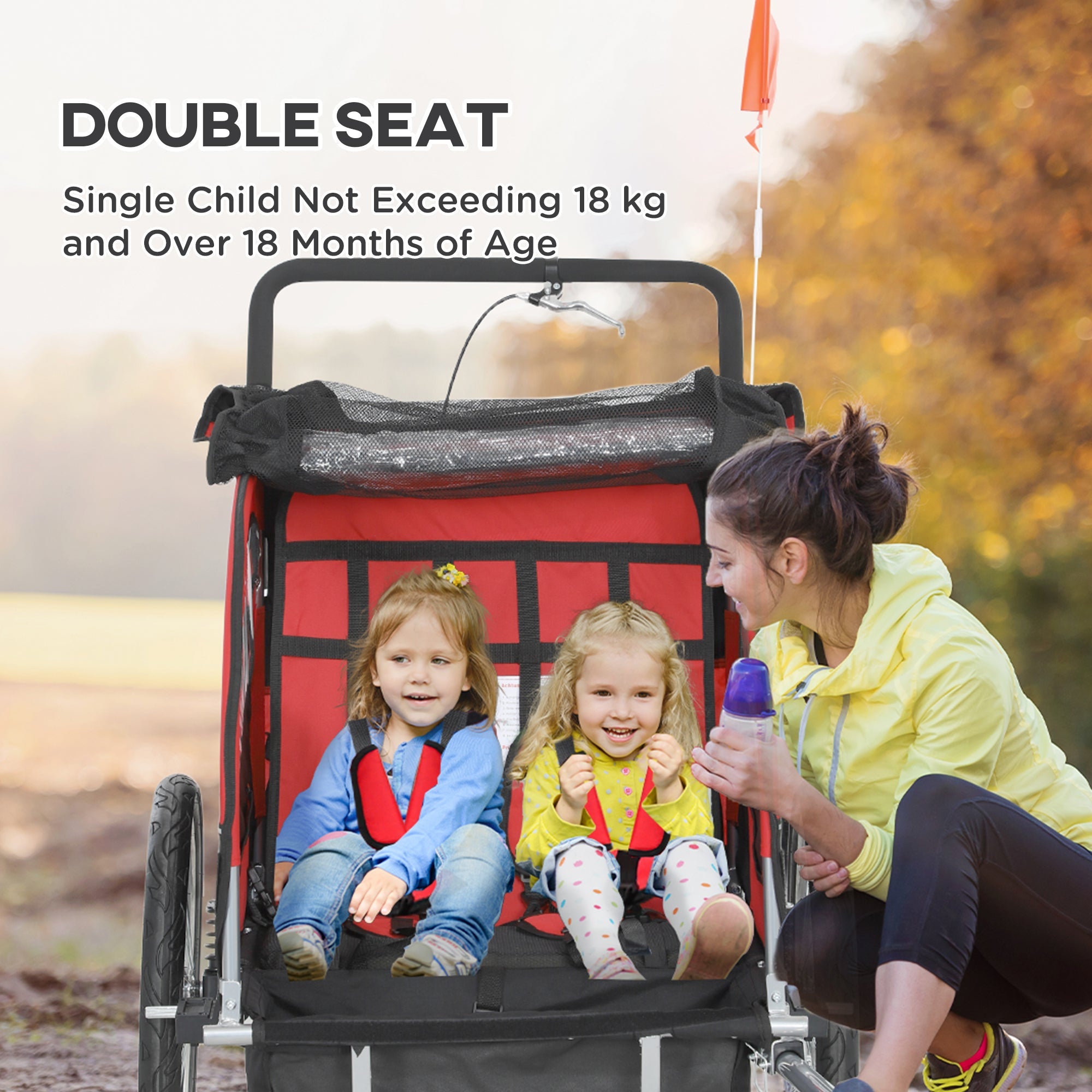 HOMCOM 2 Seat Bike Trailer with 5 Point Harness, Baby Bike Stroller with Safety Flag, Reflectors, for 18+ Months, Red
