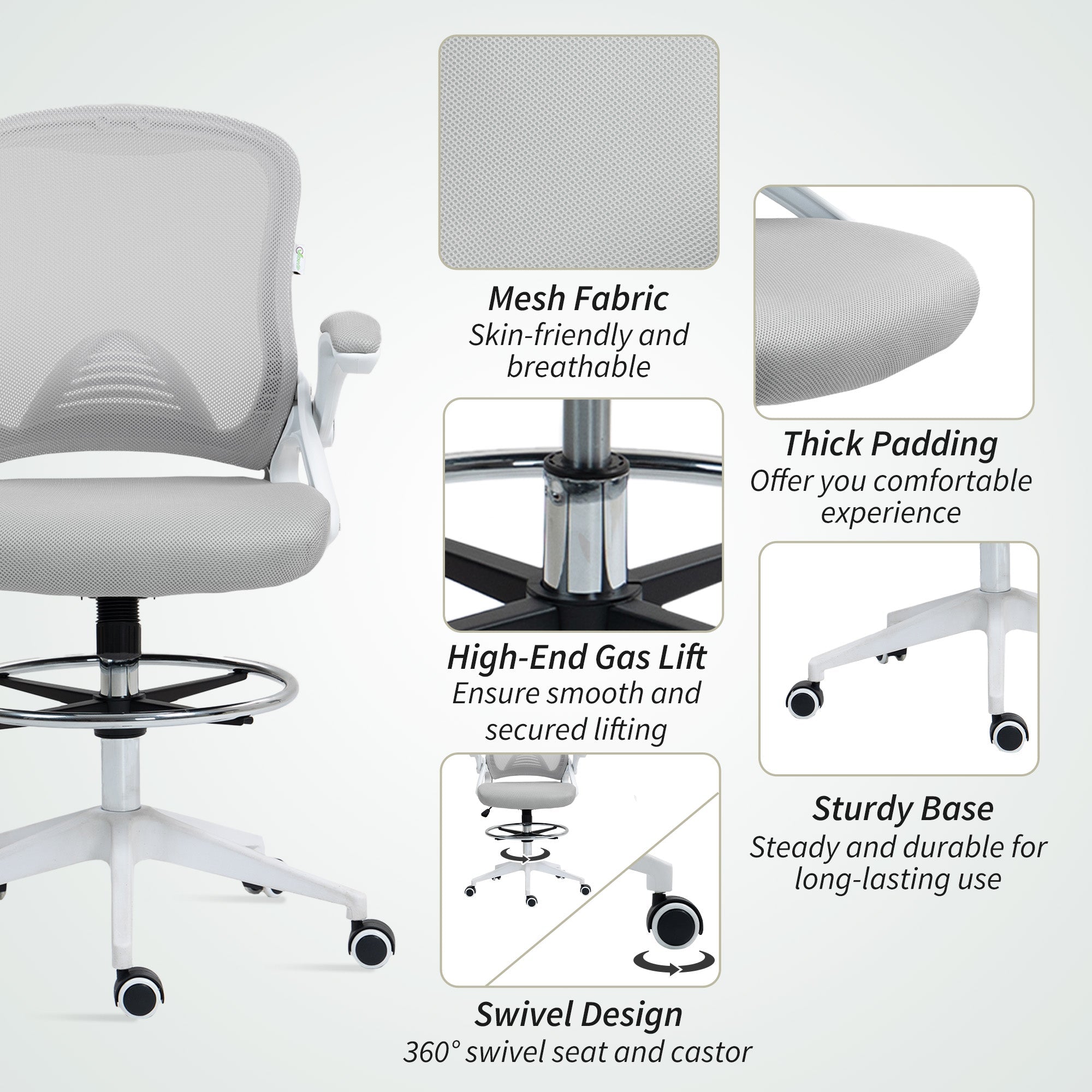 Vinsetto Drafting Chair with Flip-up Armrest, Mesh Office Stool with Foot Ring, 360° Swivel Height Adjustable Chair for Standing Desk, Light Grey