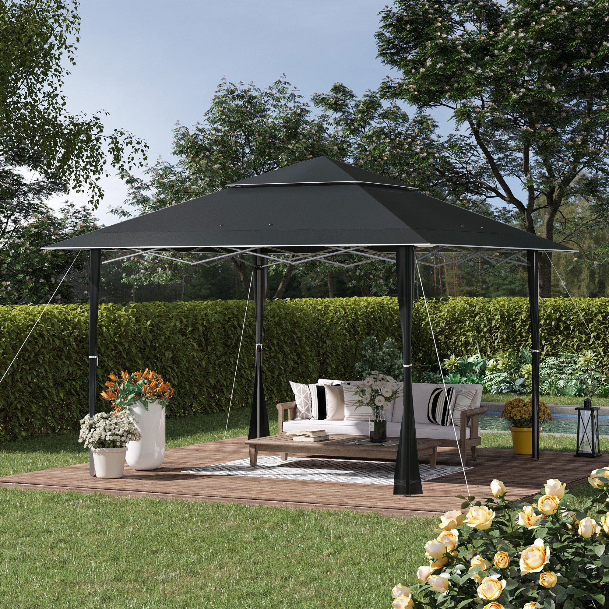 Outsunny 4 x 4m Pop-up Gazebo Double Roof Canopy Tent with UV Proof, Roller Bag & 3-Level Height Adjustable Outdoor Party, Steel Frame, Dark Grey