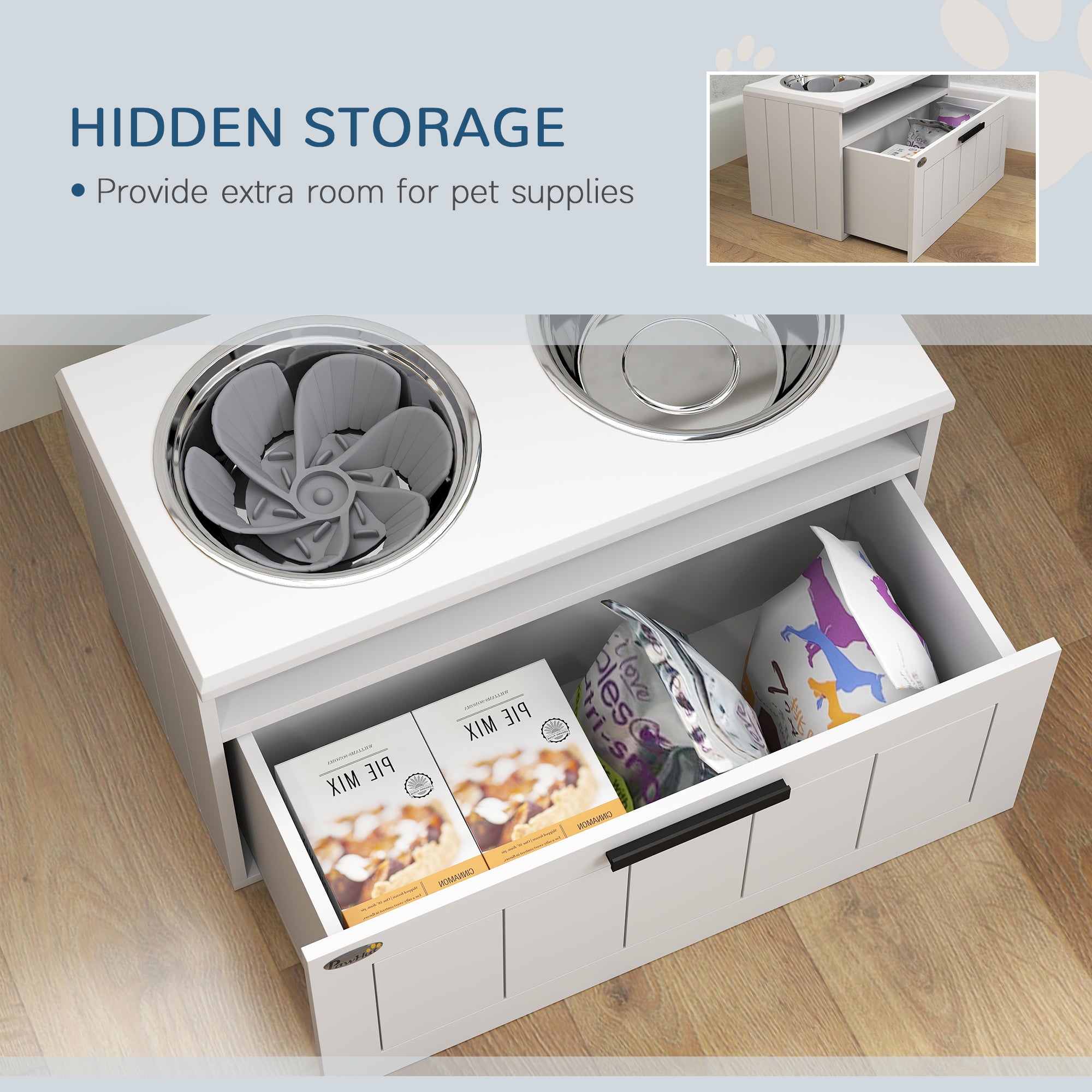 PawHut Raised Dog Bowl with Slow Feeder & 2 Stainless Steel Dog Bowl, 25L Storage Drawer, for Large & Extra Large Dogs, White