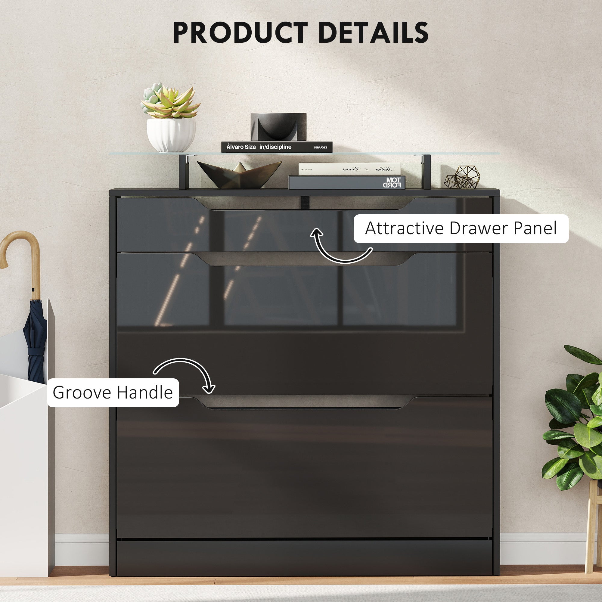 HOMCOM Shoe Storage Cabinet with Slide Out Drawer, 2 Flip Doors, Tempered Glass Top - Black