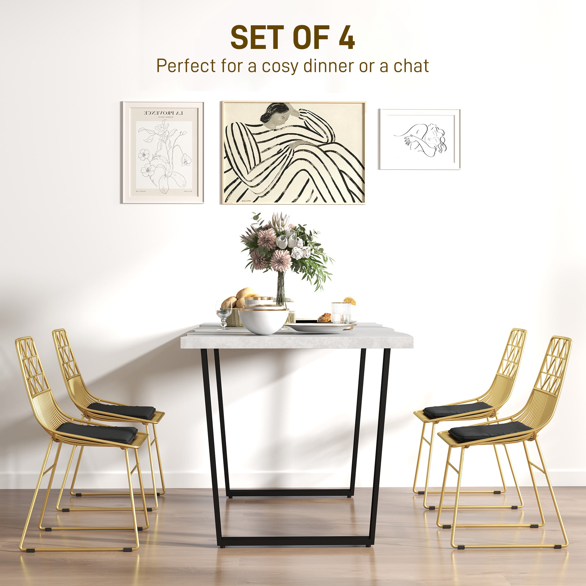 HOMCOM Luxurious Dining Chairs Set of 4, Metal Wire Kitchen Chair with Removable Velvet-feel Cushion, Cut-out Back and Steel Frame for Dining Room, Gold Tone