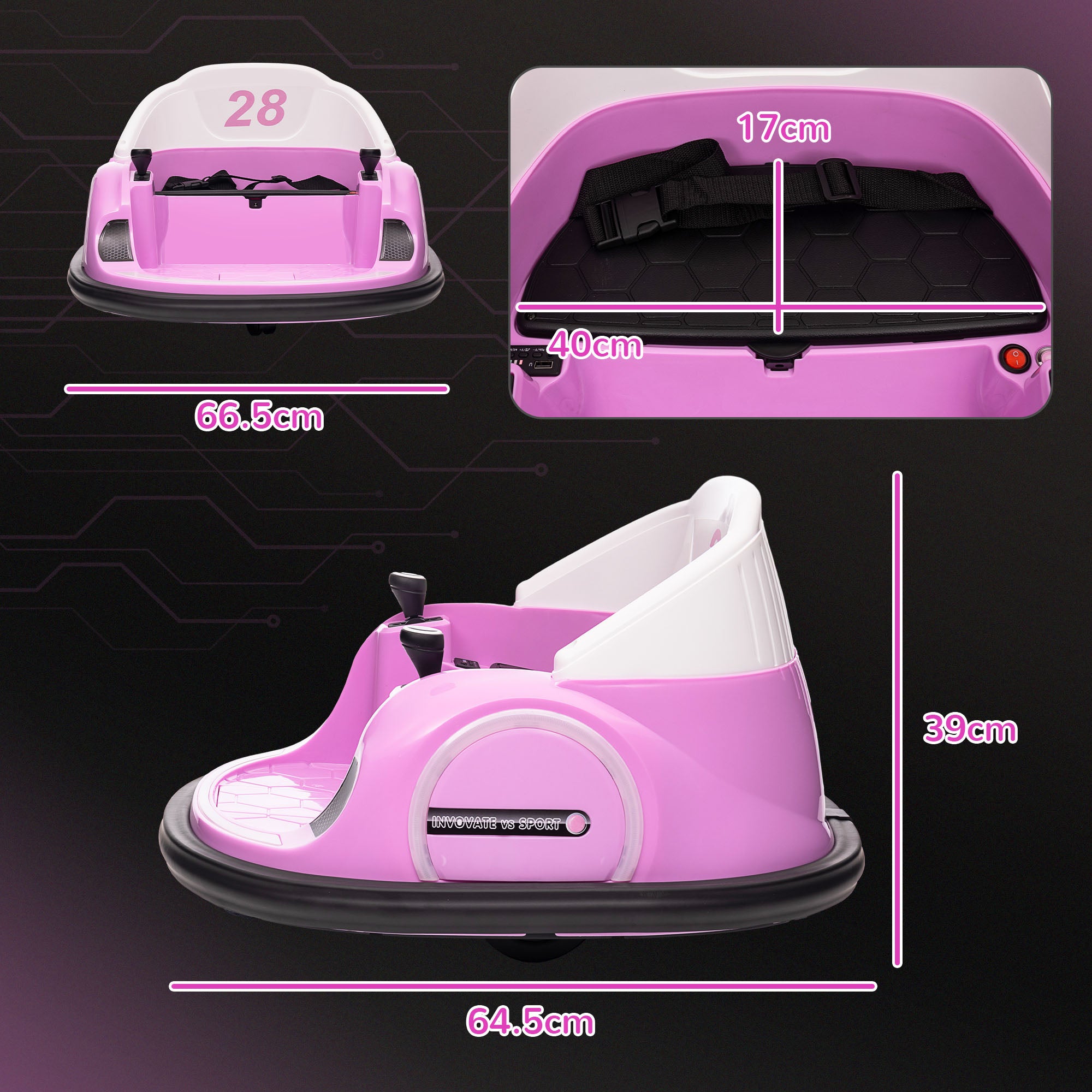 AIYAPLAY 360\'c2\'b0 Rotation Kids Bumper Car, 12V Waltz Car with Remote Control, Dual Joystick, Music, Lights, Pink