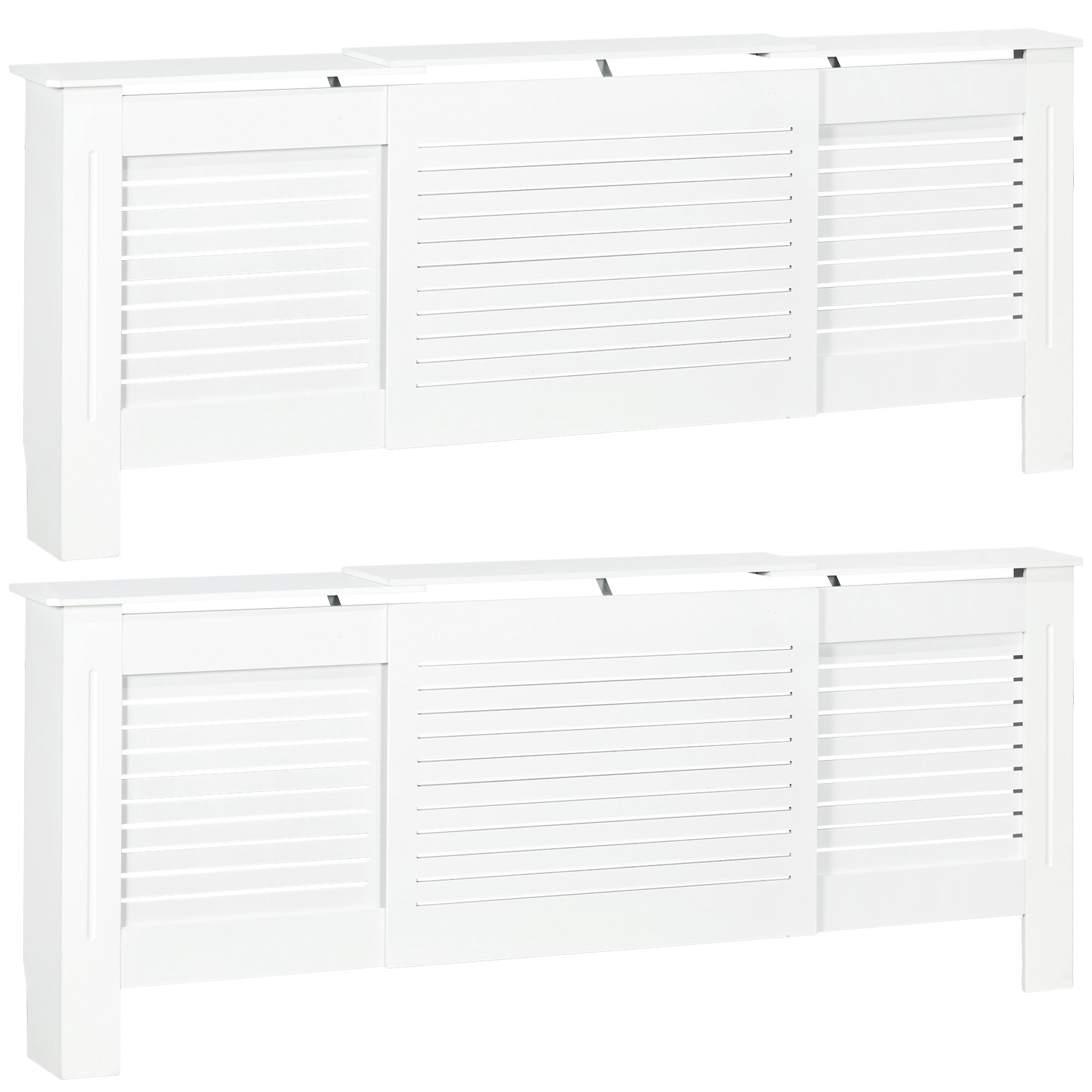 HOMCOM Set of 2 MDF Extendable Radiator Cover with Cabinet Shelving, Home Office Slatted Design, White 139-208.5L x 20.5W x 82.5H cm