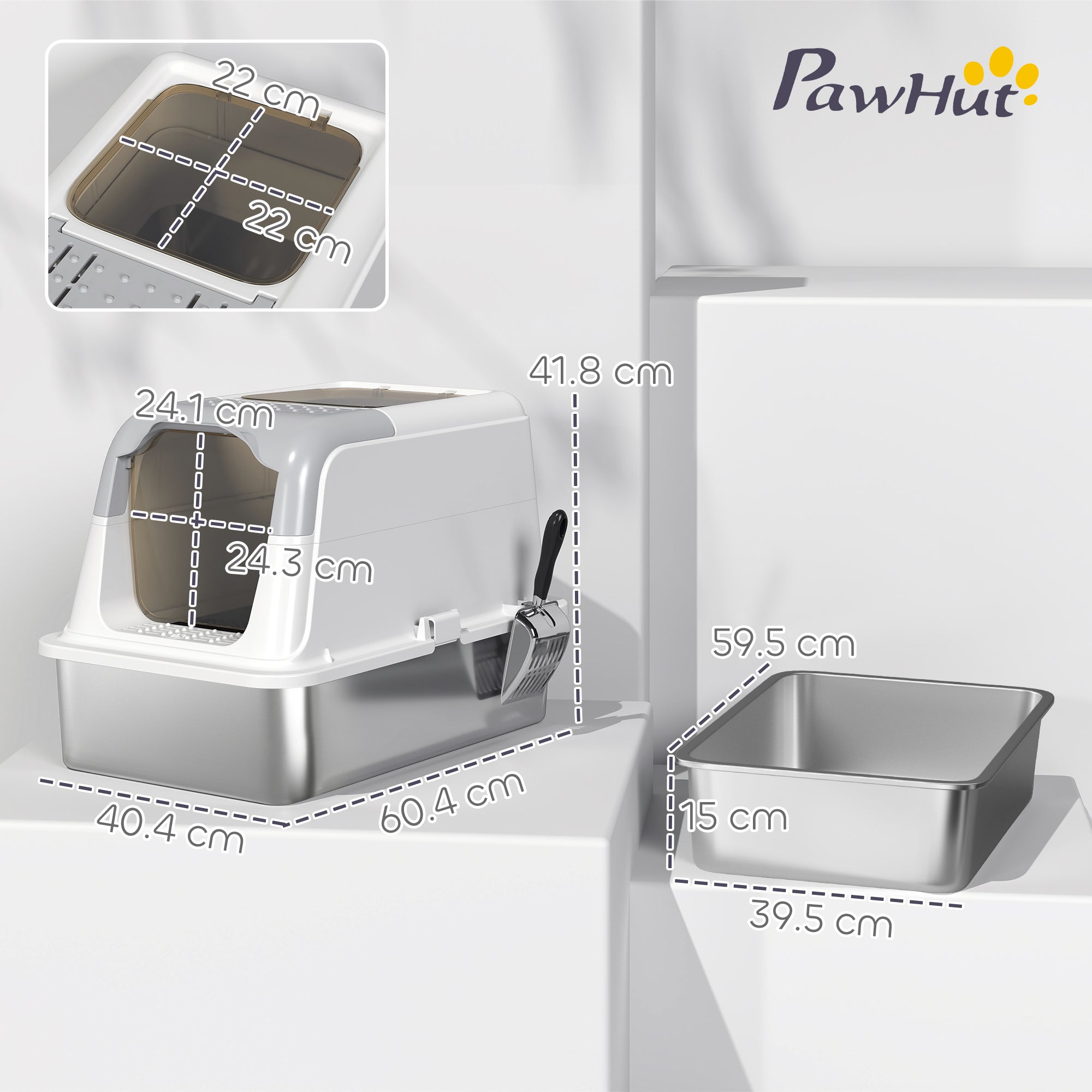 PawHut Extra Large Stainless Steel Litter Box, Enclosed Cat Litter Tray with Scoop, Deodorizer Bag, Front-Entry and Top-Exit