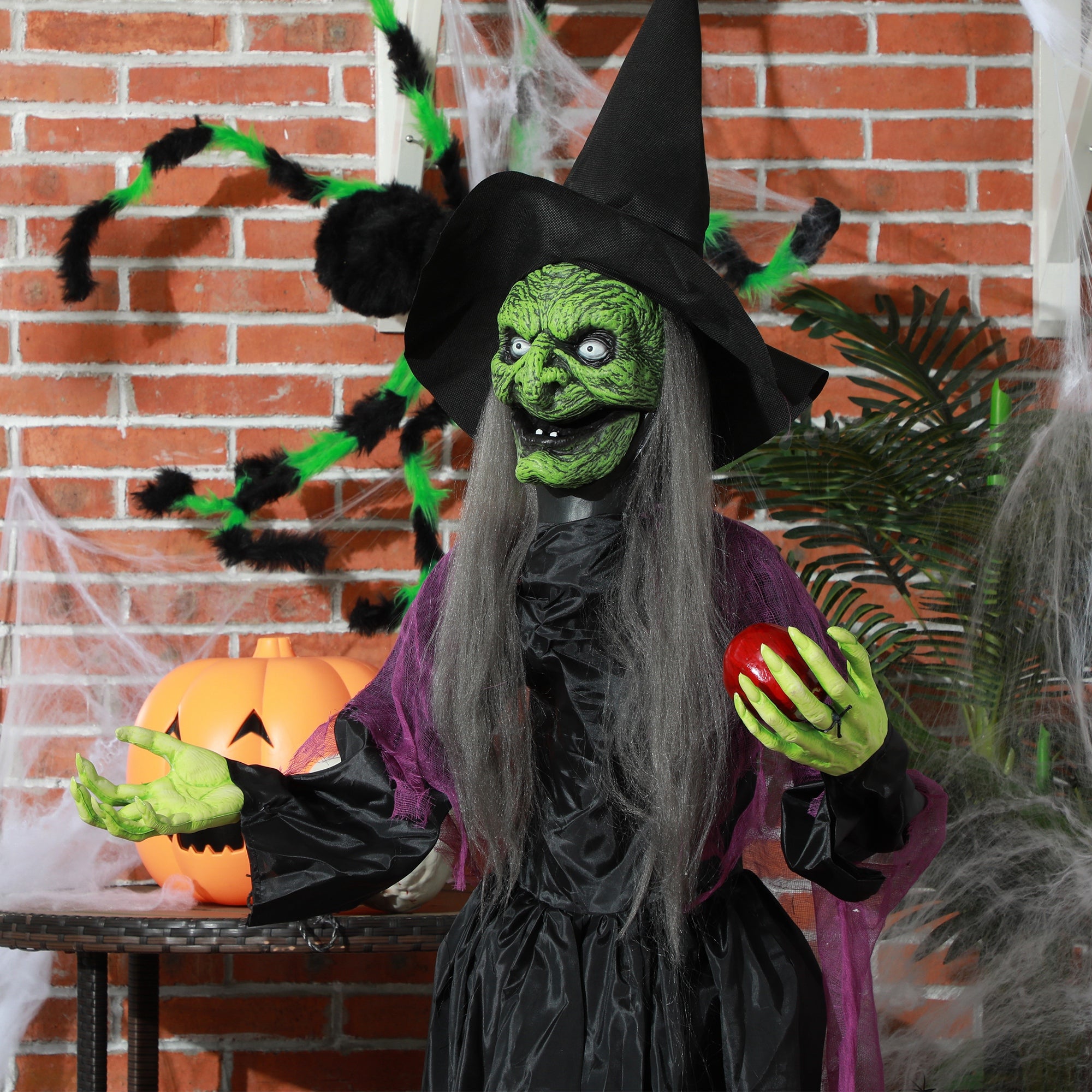 HOMCOM 180 cm Life Size Halloween Animated Standing Witch, Spooky Witch with Glowing LED Eyes, Battery Operated