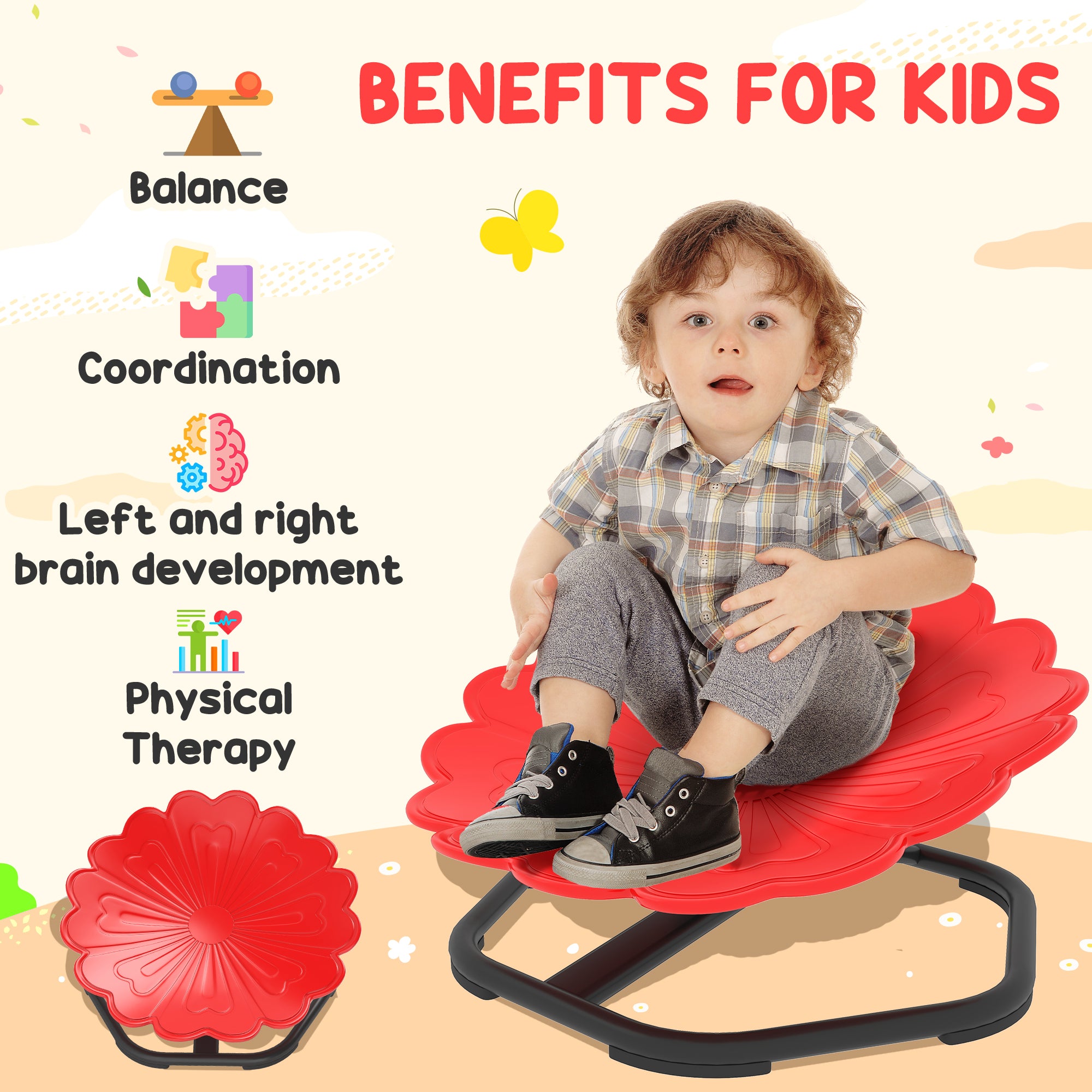 AIYAPLAY Flower-Shaped Sensory Spinning Chair with Non-Slip Base for Balance/Coordination, Red
