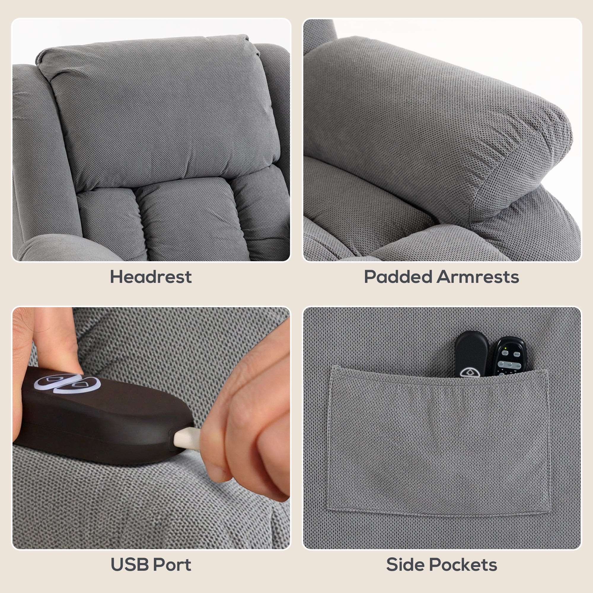 HOMCOM Recliner Armchair Lift Chair, Electric Recliner Chair with Vibration Massage and Heat, Wide Seat, USB Port, Light Grey