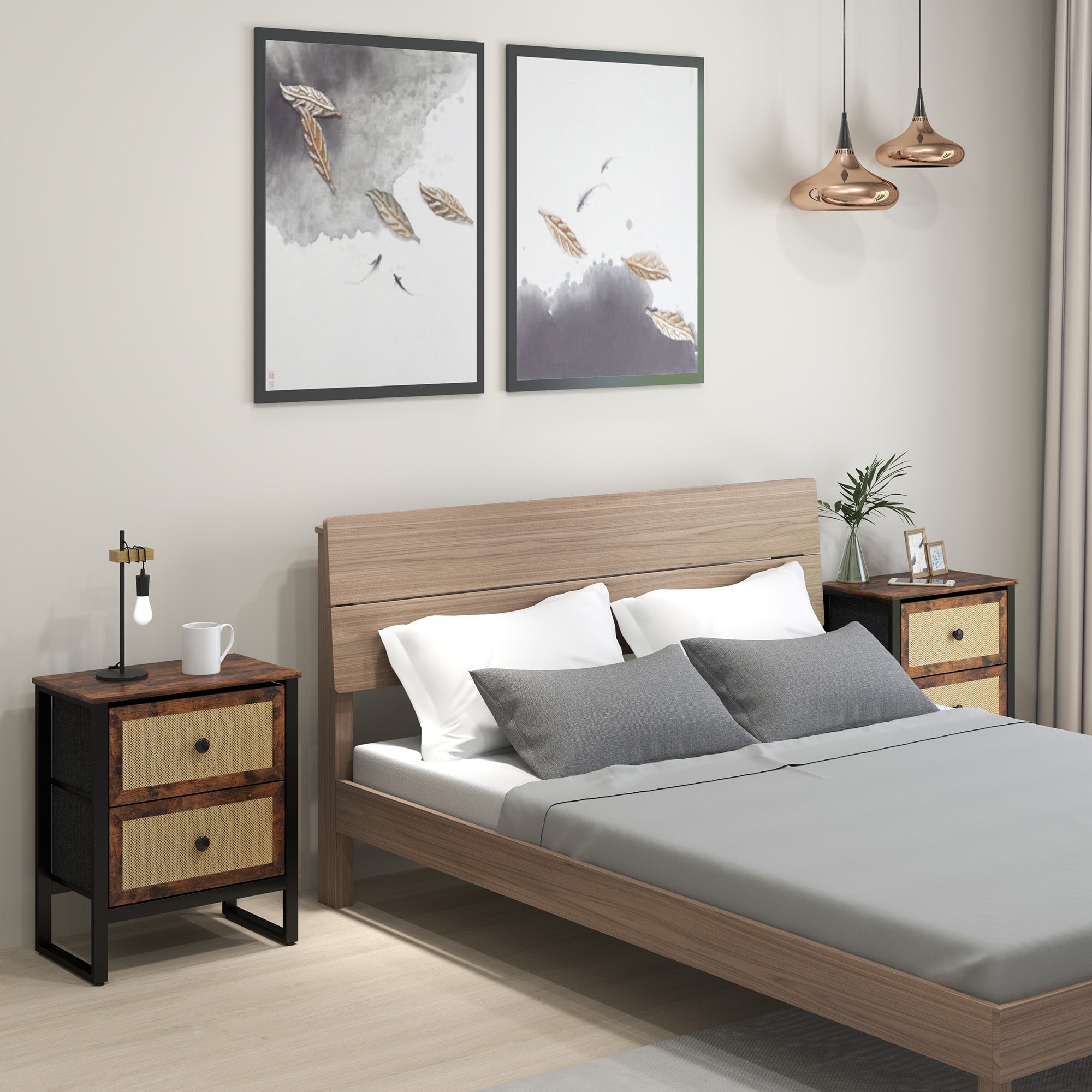 HOMCOM Industrial-Natural Bedside Table Set of 2 - Brown