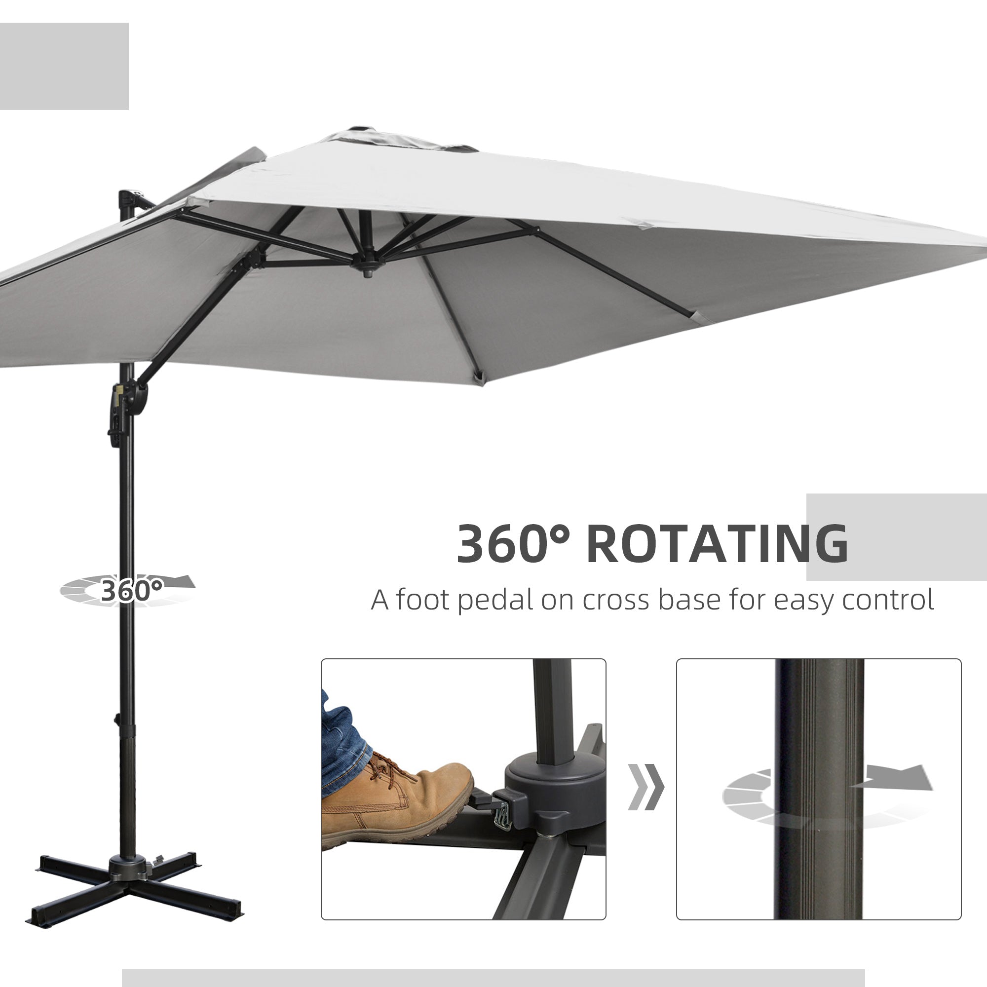 Outsunny 2.7 x 2.7 m Cantilever Parasol, Square Overhanging Umbrella with Cross Base, Crank Handle, Tilt, 360\'c2\'b0 Rotation and Aluminium Frame, Grey