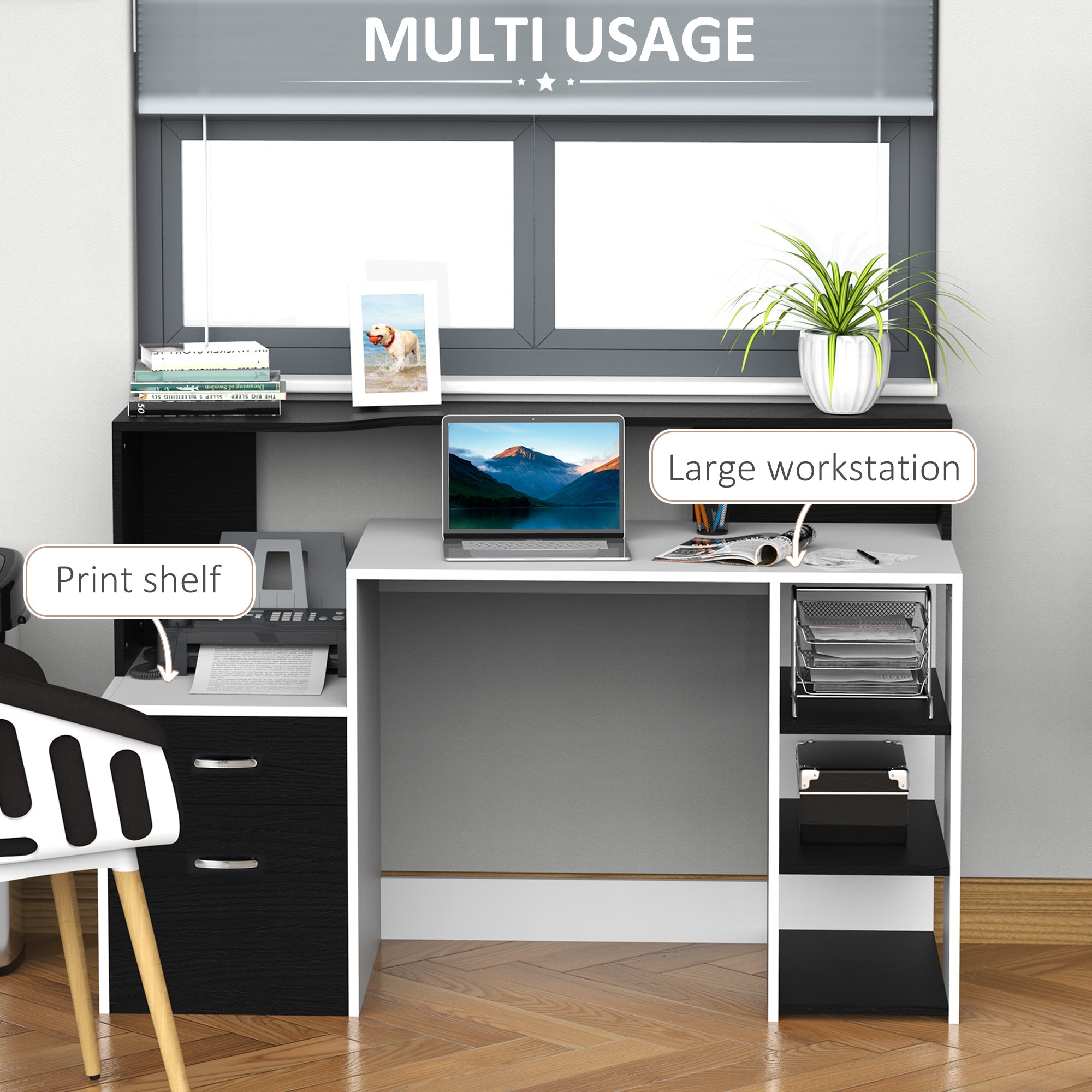 HOMCOM Computer Desk with Drawers and Storage Shelves, Reception Desk, Study Workstation for Home Office, 137 x 55 x 92cm, Black and White