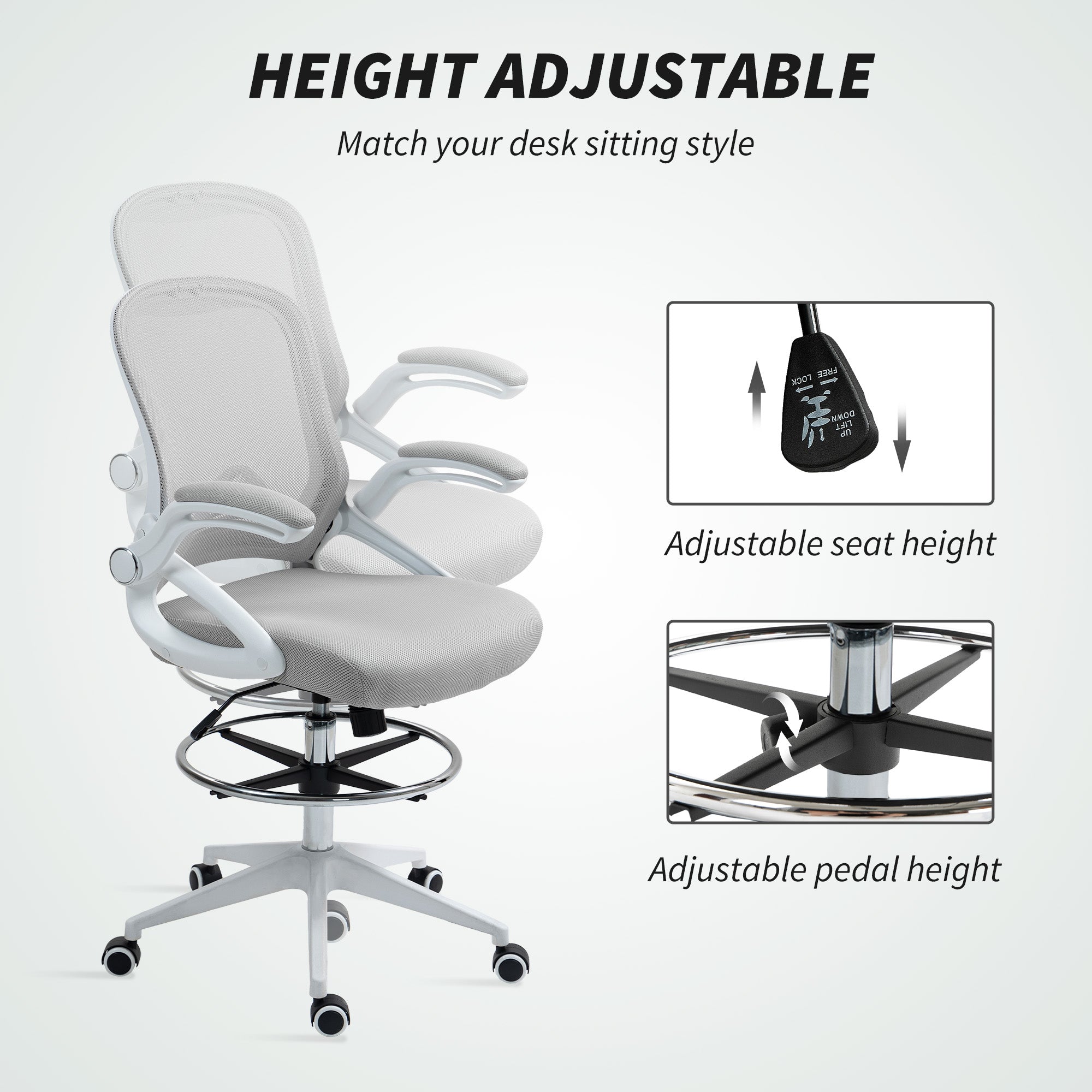 Vinsetto Drafting Chair with Flip-up Armrest, Mesh Office Stool with Foot Ring, 360° Swivel Height Adjustable Chair for Standing Desk, Light Grey
