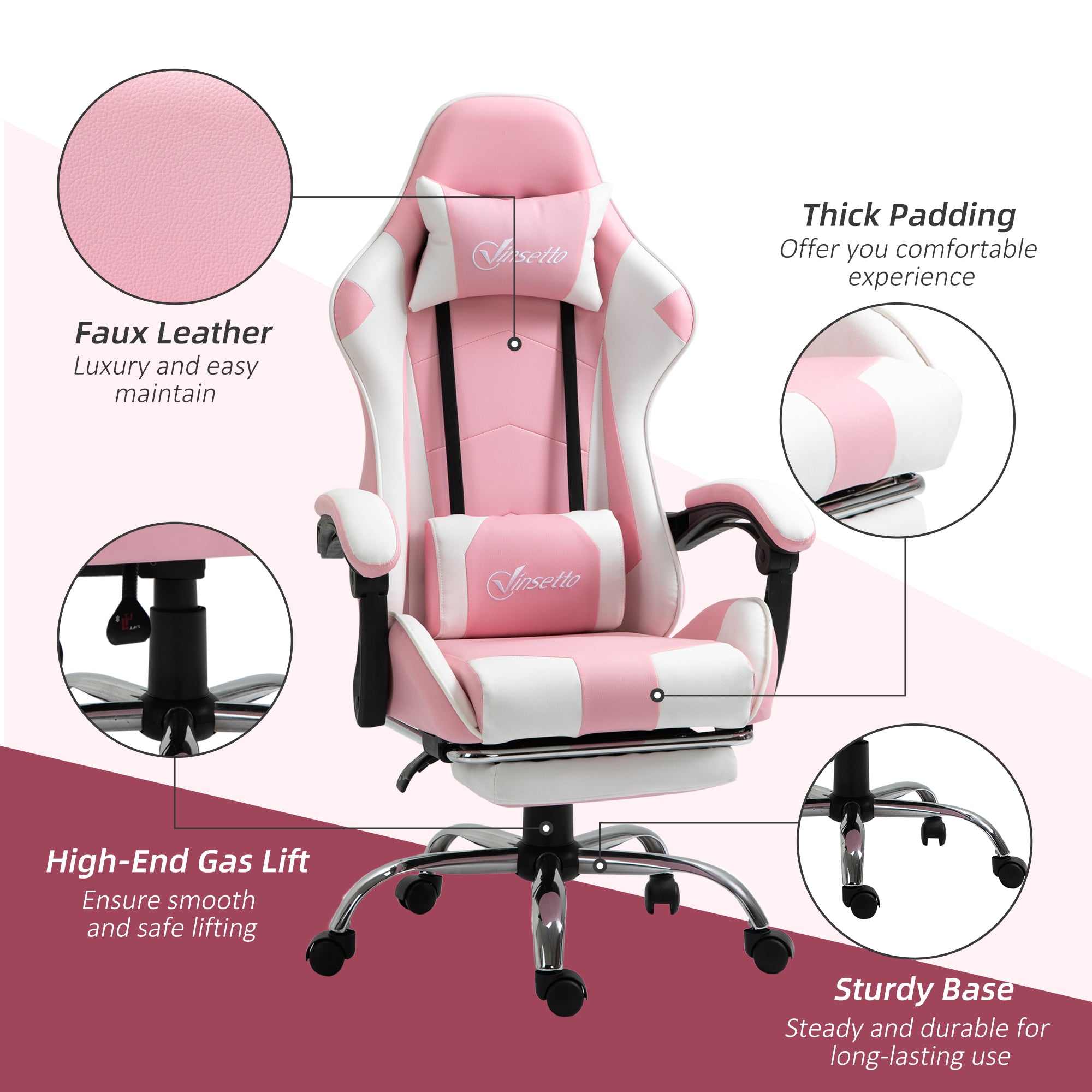 Vinsetto Pink Computer Gaming Chair, Desk Chair with 135\'c2\'b0 Reclining Back and Retractable Footrest, Adjustable PU Leather Lumbar Support and Headrest, Steel Base for Adults, Girls
