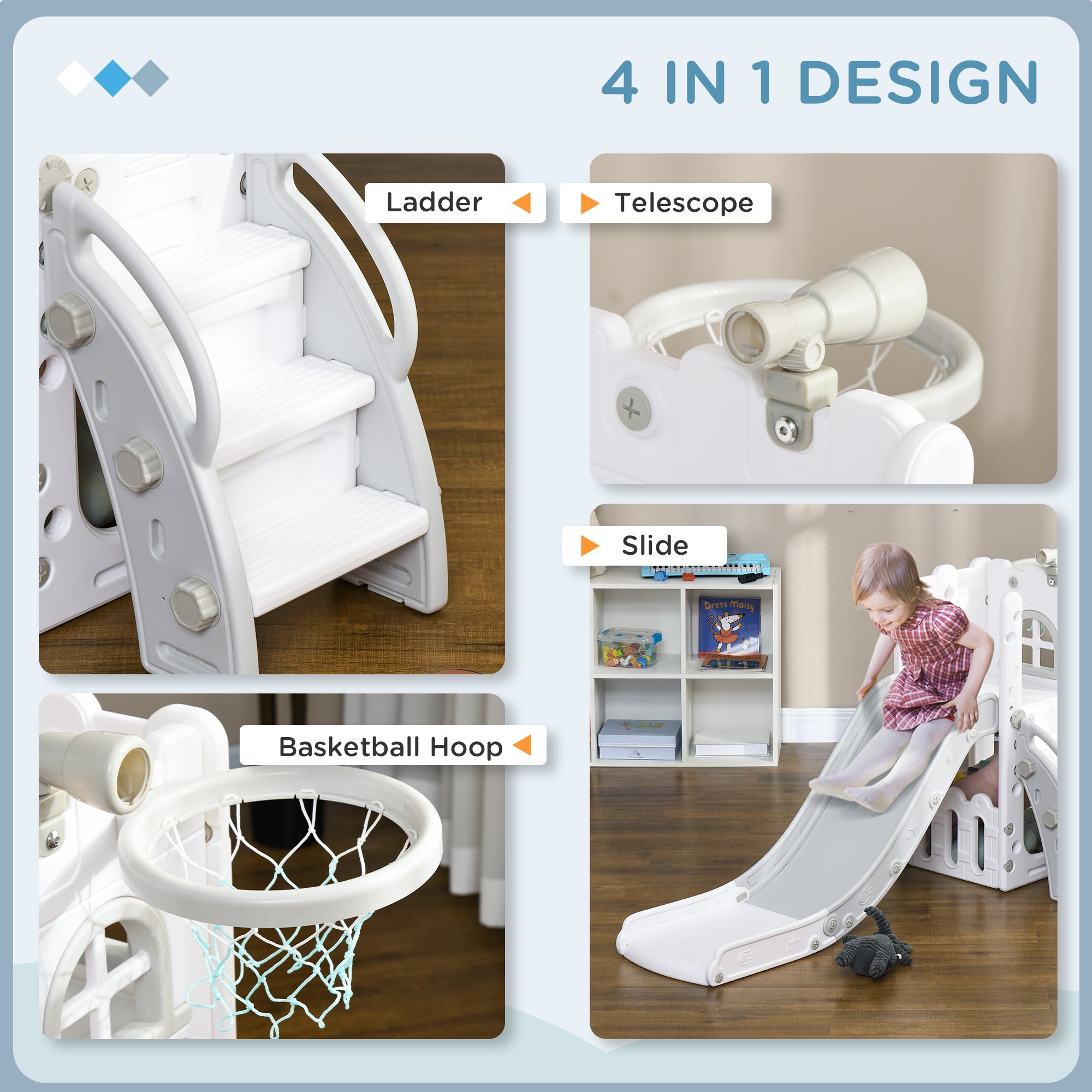 AIYAPLAY 4 in 1 Toddler Slide with Basketball Hoop, Climber, Telescope, Storage Basket, for Ages 1-3 Years, Grey