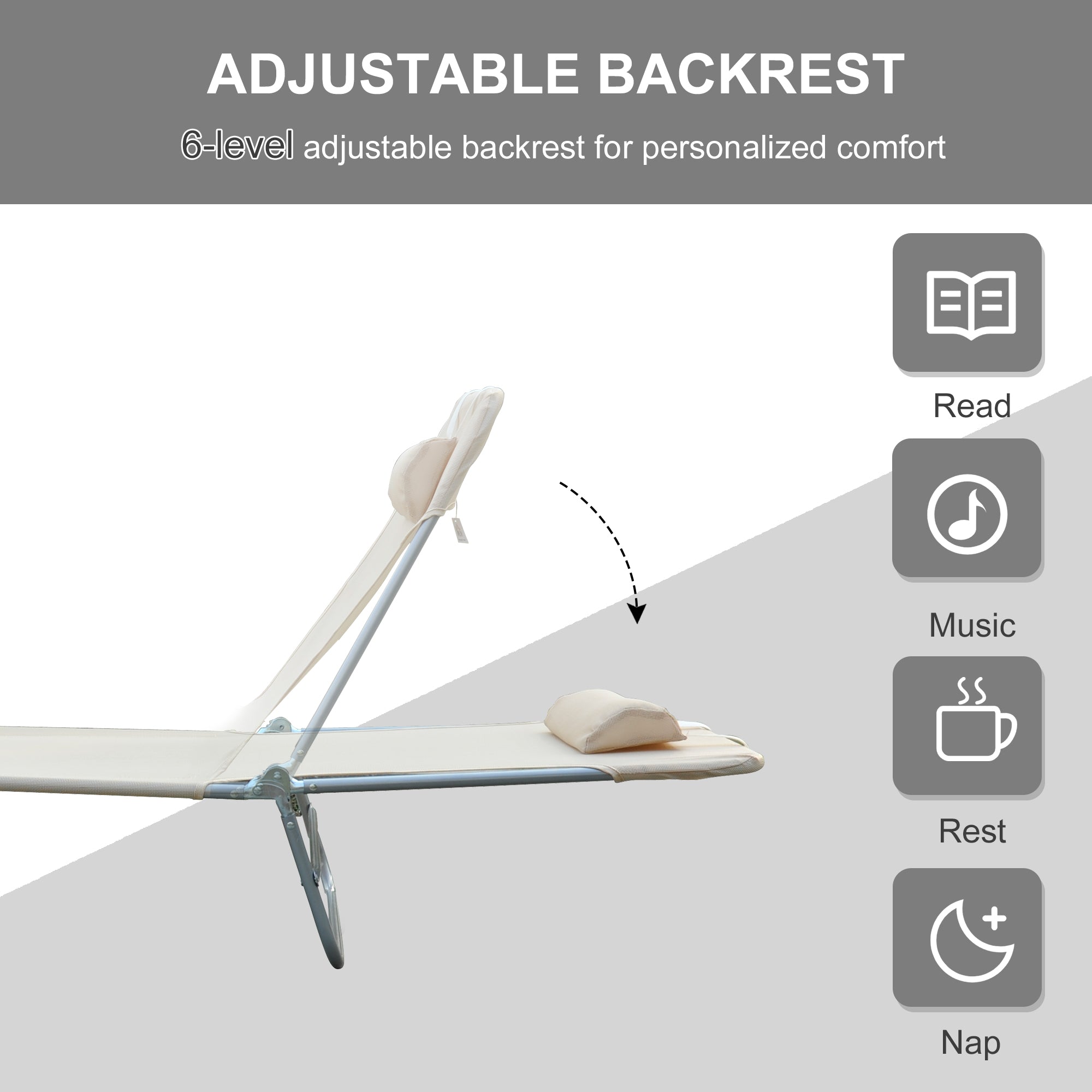 Outsunny Outdoor Foldable Sun Lounger, Adjustable Backrest Garden Recliner Sun Lounger Chair with Headrest Pillow, Beige