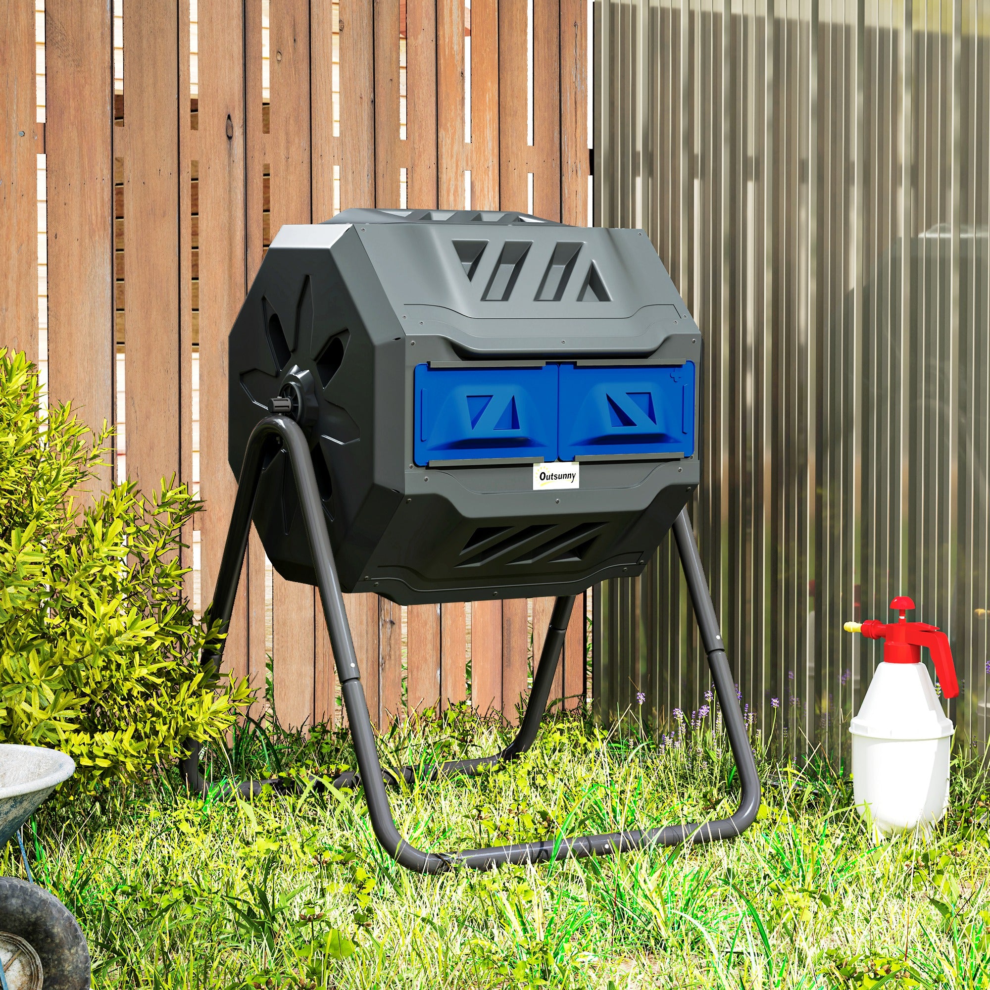 Outsunny 160L 360\'c2\'b0 Rotating Dual Chamber Composter - Blue