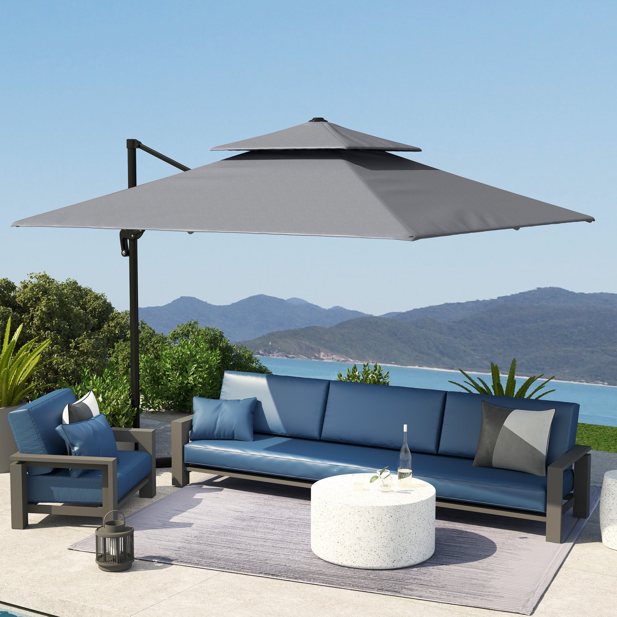 Outsunny 3 x 3(m) Cantilever Parasol with Aluminium Frame, Crank and Tilt, 360\'c2\'b0 Rotation, Double Top Garden Umbrella with Base and Cover, Light Grey