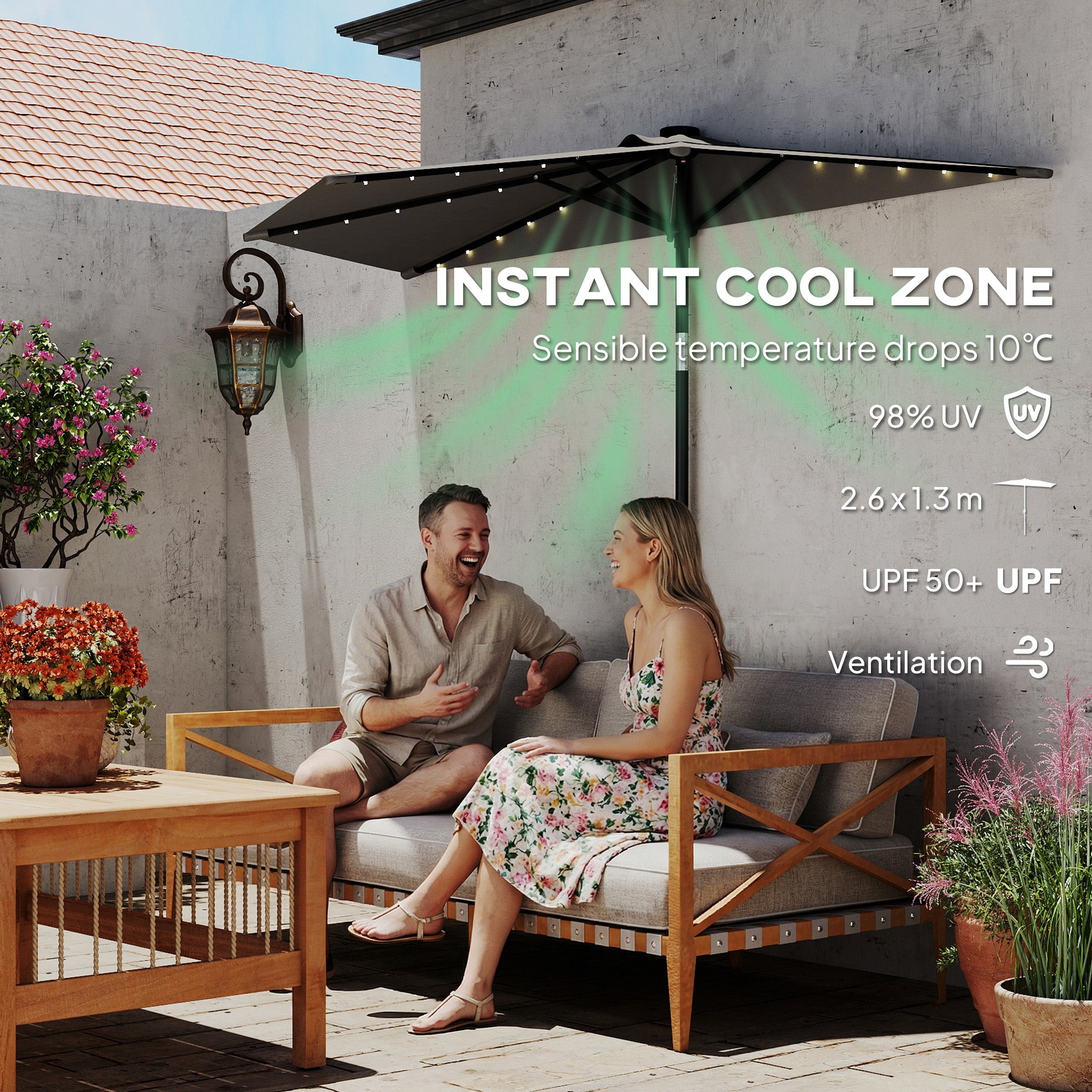 Outsunny 2.6 m Half Garden Parasol with Solar LED Lights, UPF50+ Semi Round Umbrella with 30° Tilt, Crank Handle, Dark Grey