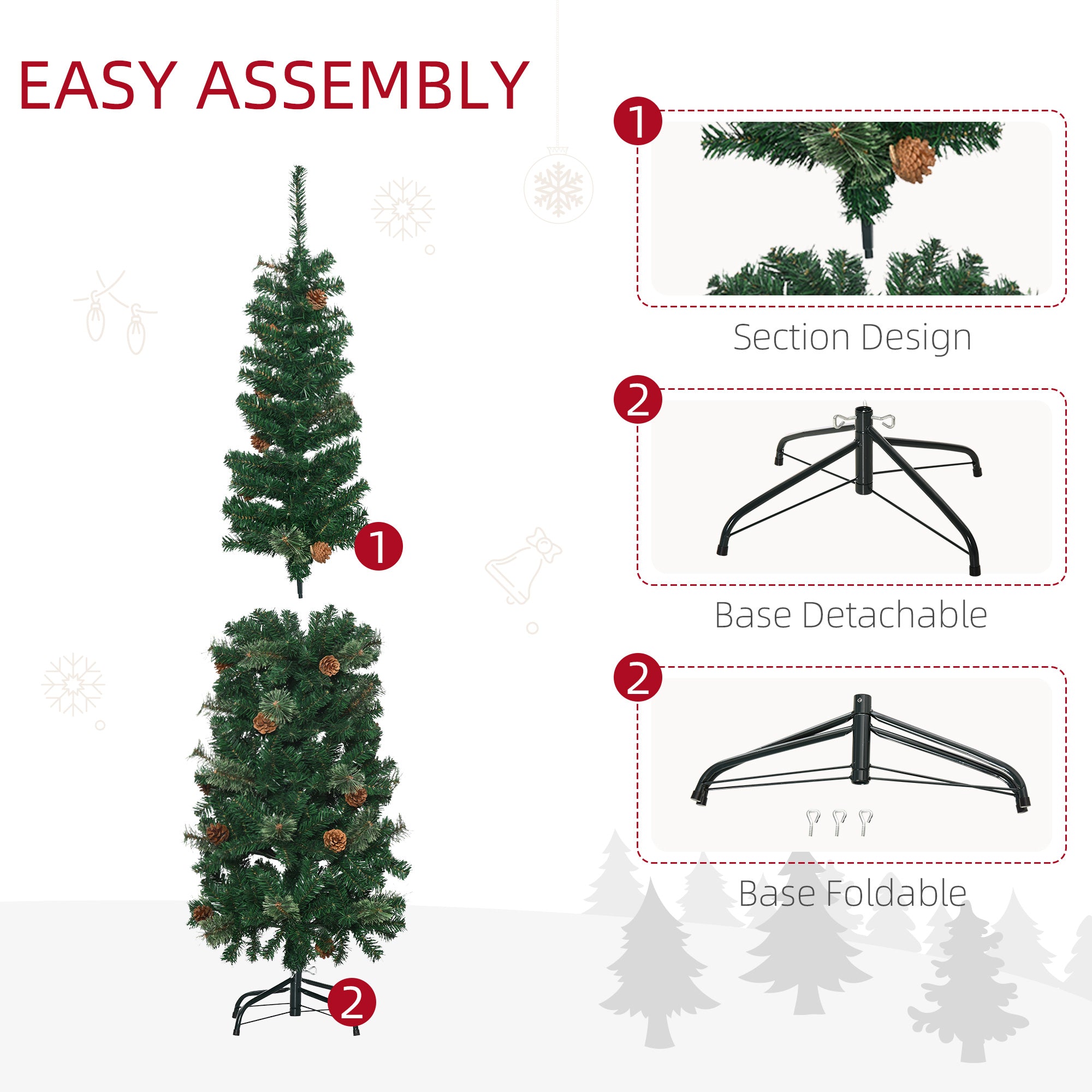 HOMCOM 5.5FT Tall\'c2\'a0Pencil Slim Artificial Christmas Tree with\'c2\'a0Realistic\'c2\'a0Branches, Tip Count and Pine Cones, Pine Needles Tree, Xmas\'c2\'a0Decoration, Green