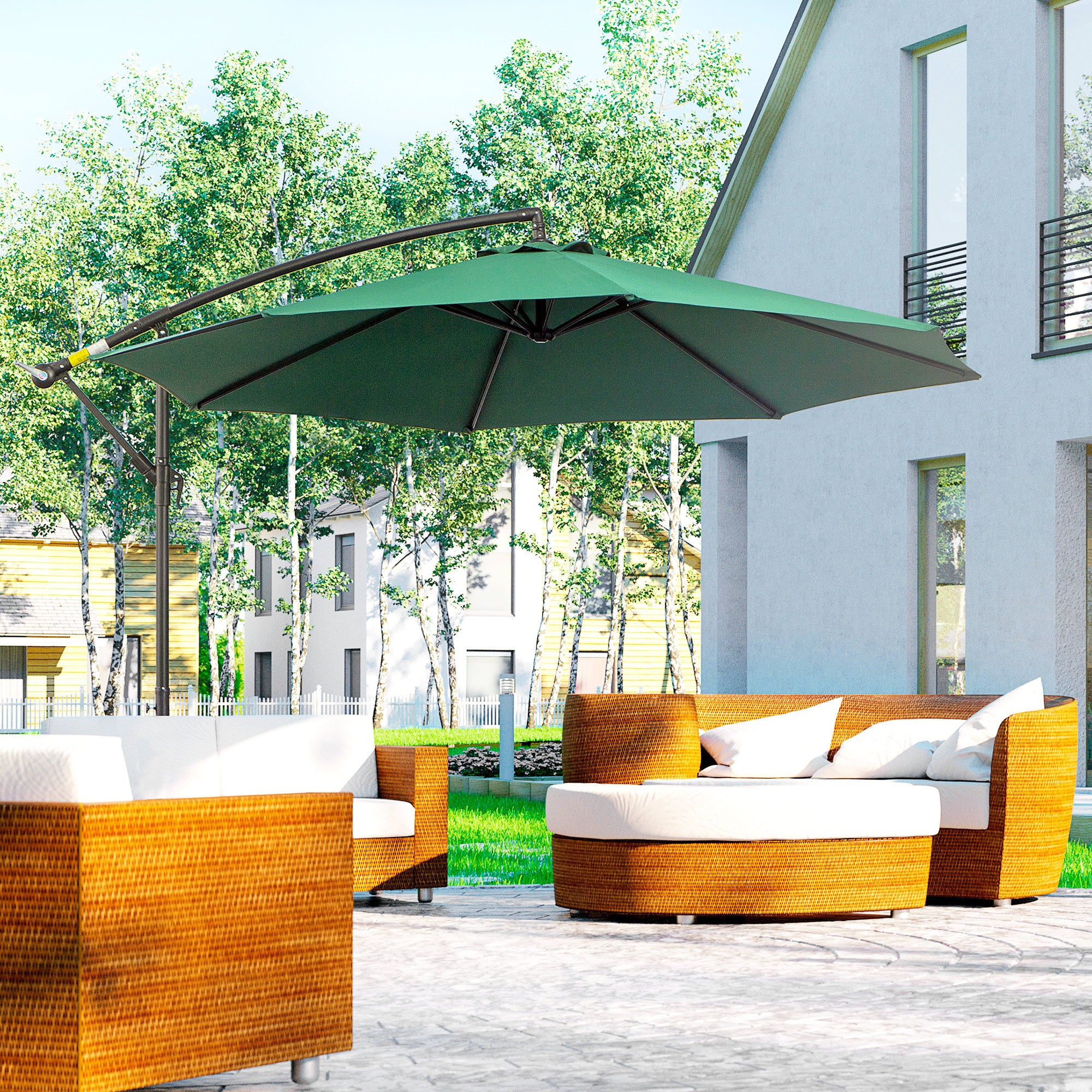 Outsunny 3(m) Banana Parasol Hanging Cantilever Umbrella with Crank Handle, 8 Ribs and Cross Base for Outdoor, Sun Shade, Dark Green