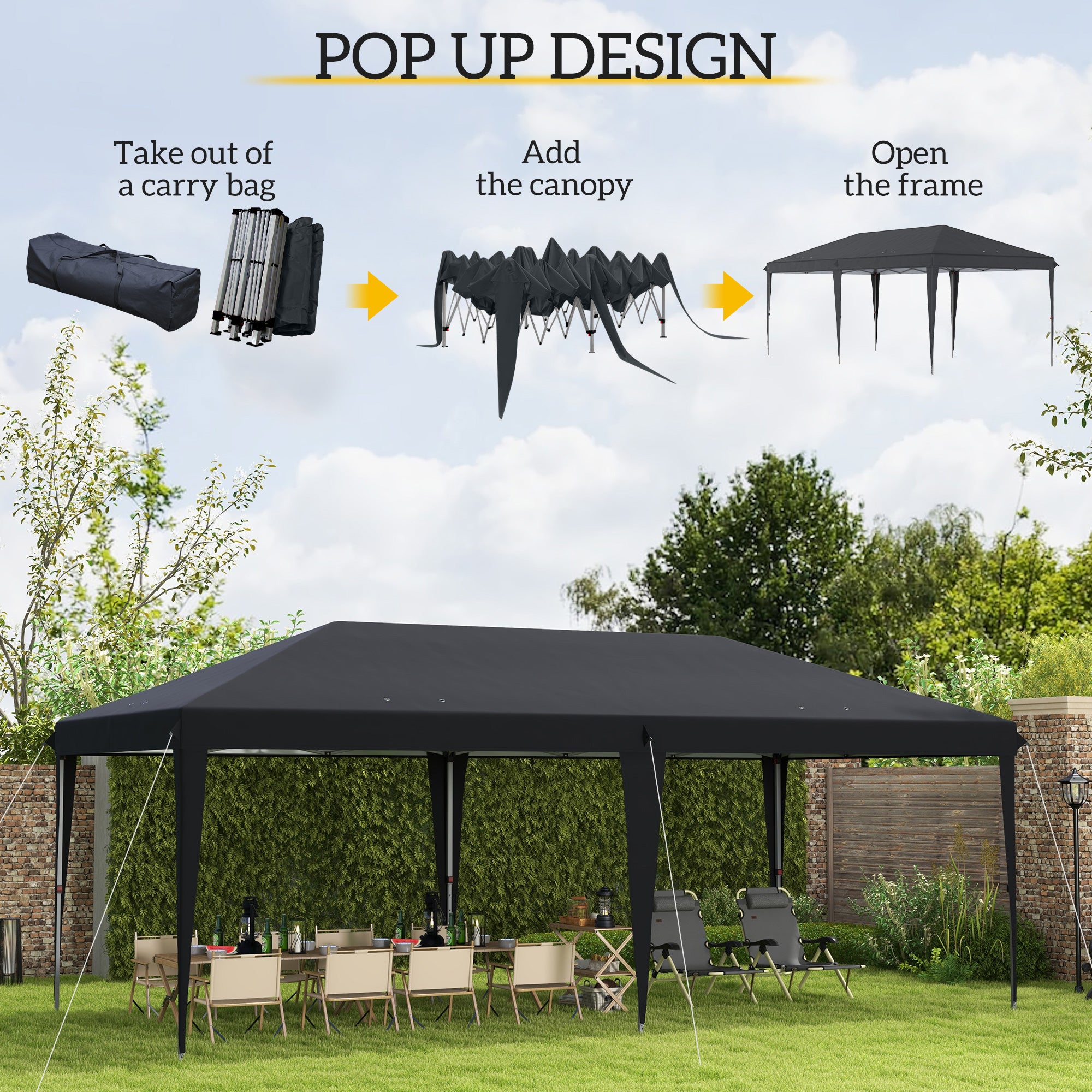 Outsunny Pop Up Gazebo, Double Roof Foldable Canopy Tent, Height Adjustable Wedding Awning Canopy w/ Carrying Bag, 6 m x 3 m x 2.65 m, Black
