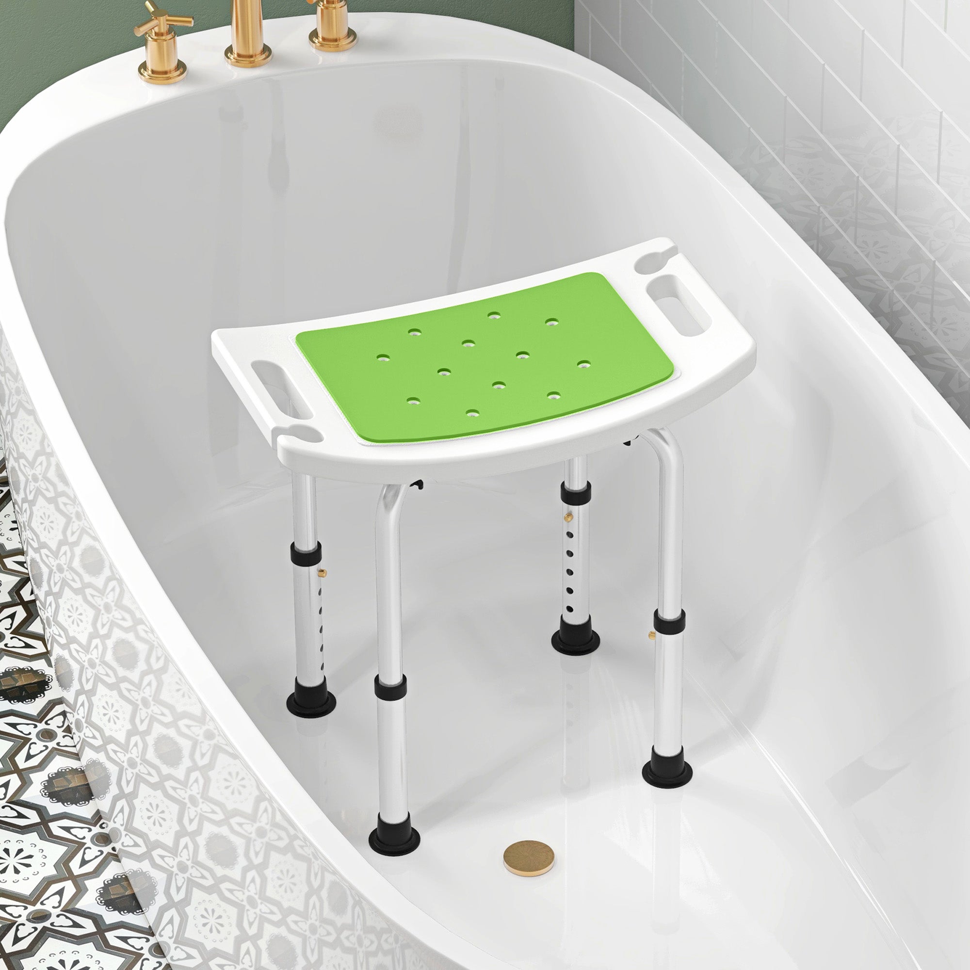 HOMCOM 6-Level Height Adjustable Aluminium Bath Room Stool Chair Shower Non-Slip Design w/ Padded Seat Drainage Holes Foot Pad, Green