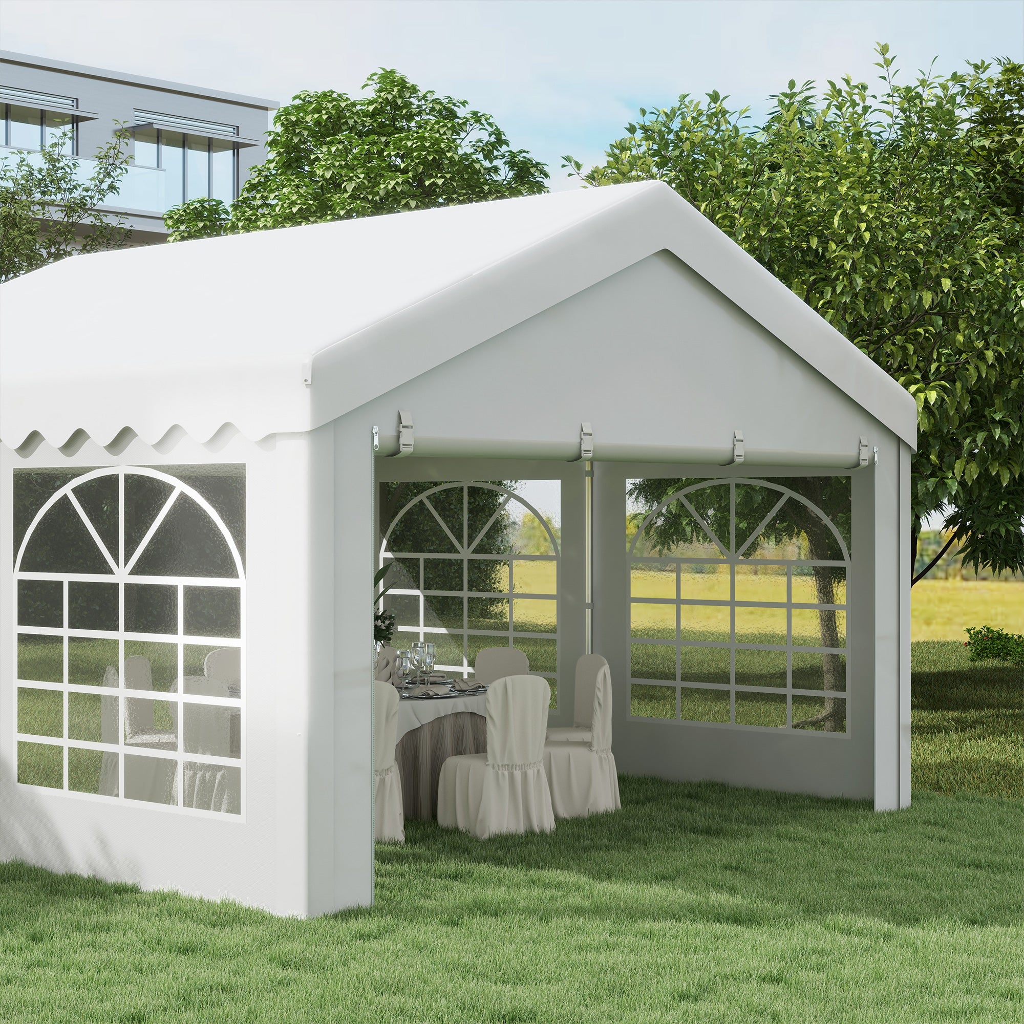 Outsunny 4m x 4m Marquee Party Tent Wedding Canopy, Pop Up Gazebo with Sidewalls, Doors, Windows, Galvanised Garden Gazebo for Parties Events, White
