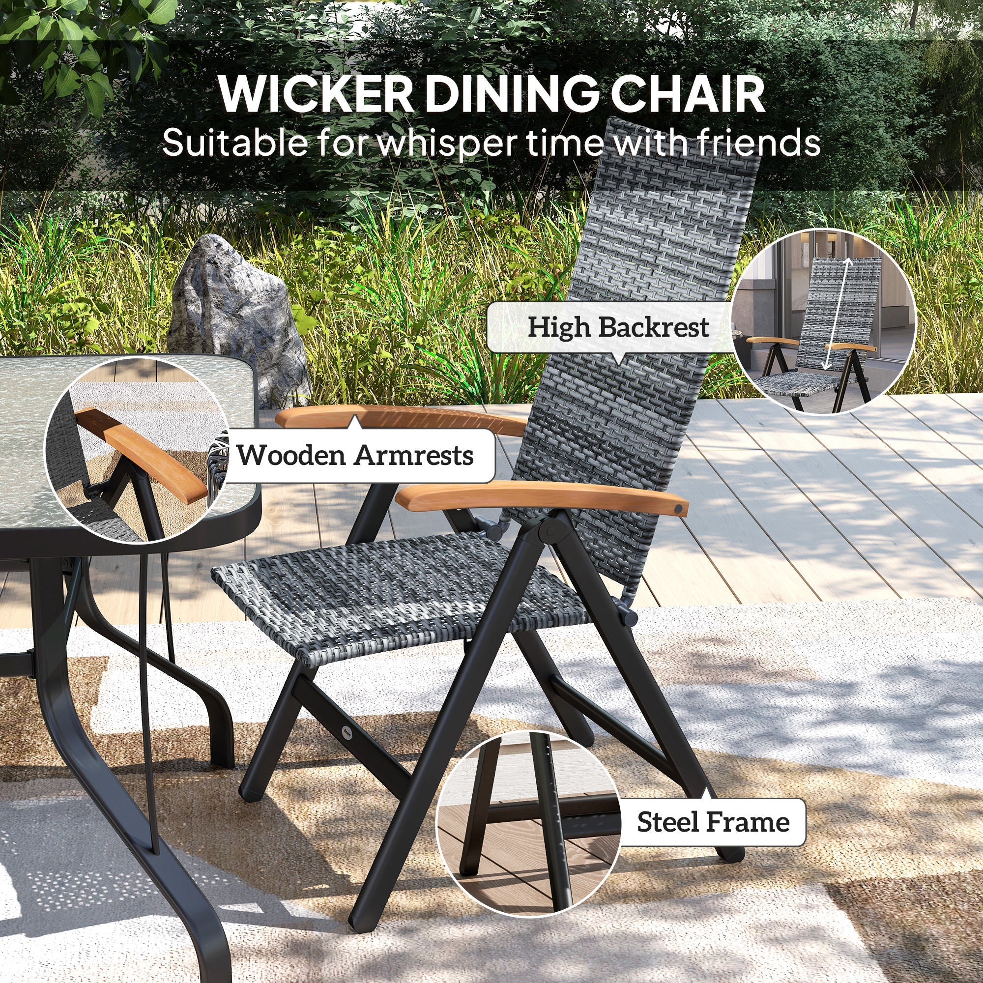 Outsunny Outdoor Folding Rattan Chair with Armrests, High Backrest, for Garden, Camping, Balcony, Porch - Light Grey