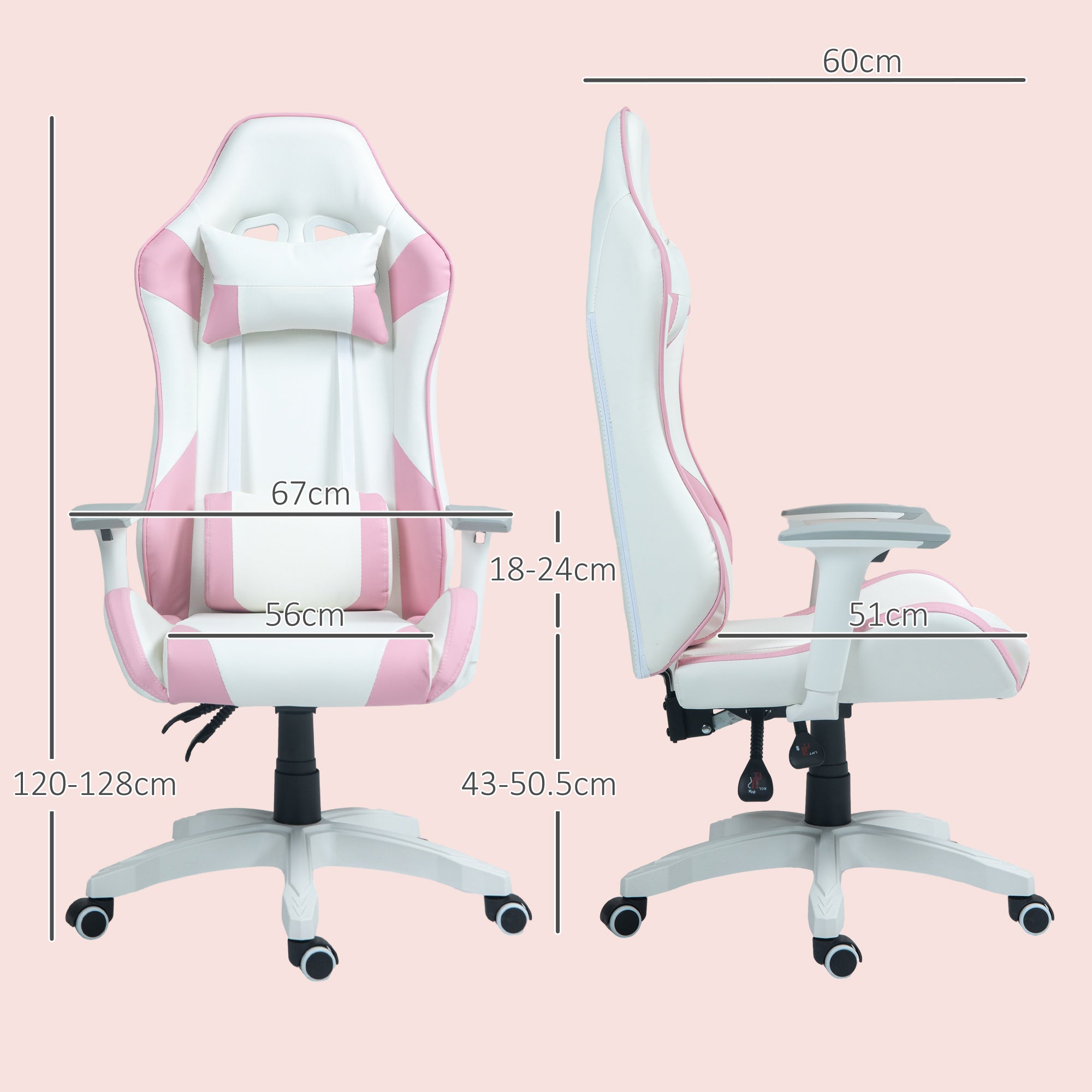 HOMCOM Faux Leather Colour Block Gaming Chair, with 135\'c2\'b0 Reclining Back - Pink/White