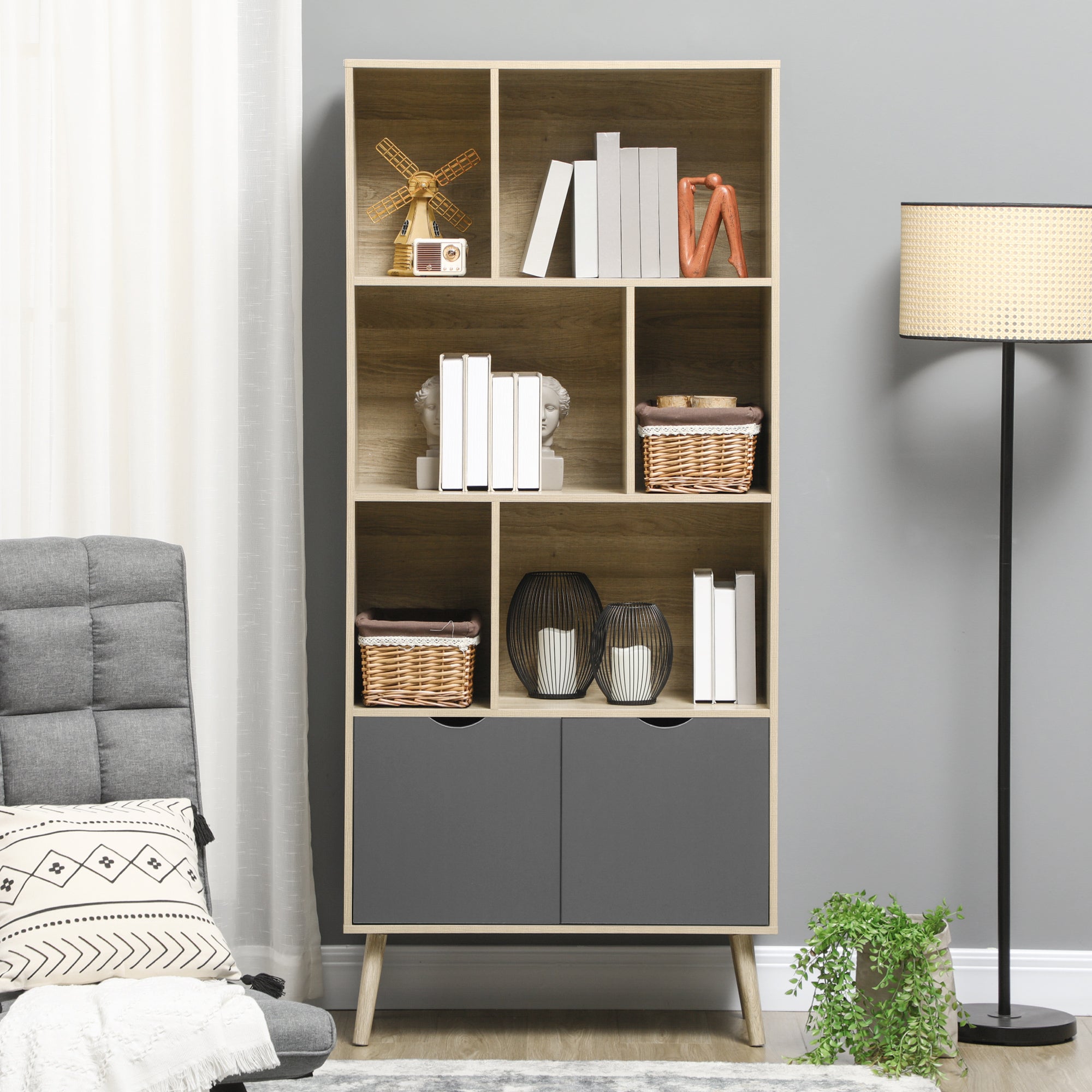 HOMCOM Modern Bookcase with Bottom Cabinet and 6 Open Shelves, Freestanding Bookshelf for Study Living Room Home Office, Natural and Dark Grey