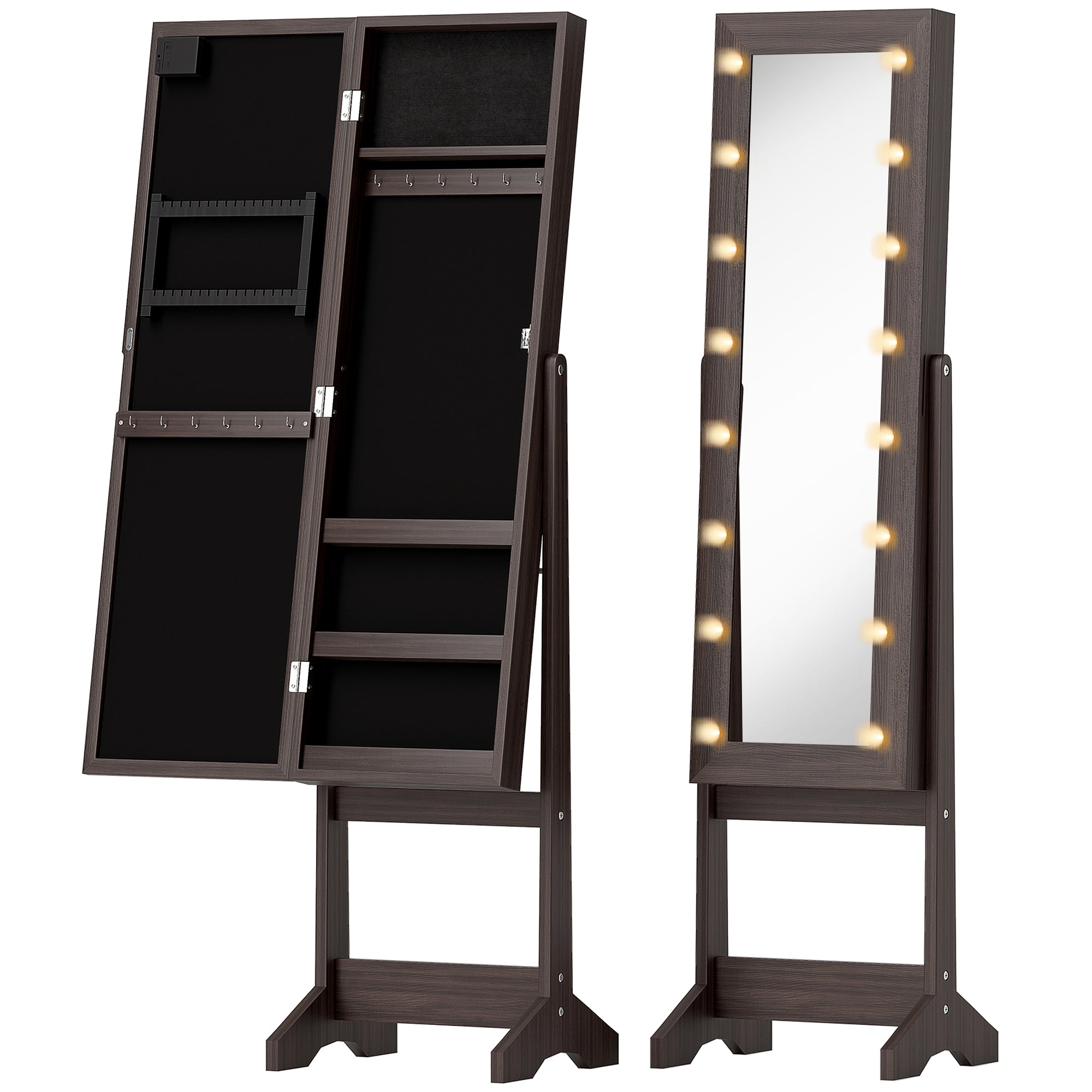 HOMCOM Free Standing Mirror Jewelry Cabinet with LED Lights, Jewellery Organiser with 3 Angle Adjustable, Full-Length Mirror with Storage for Earrings, Necklaces, Rings and Lipsticks, Dark Brown