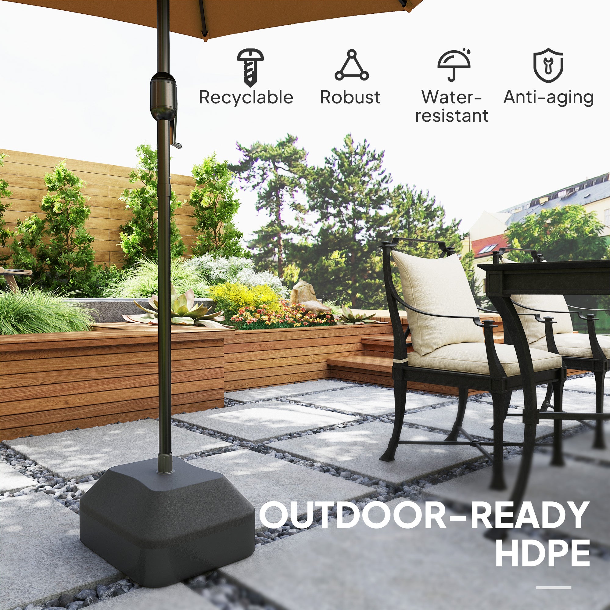 Outsunny Fillable Garden Parasol Base, Heavy Duty Parasol Base Stand Outdoor Umbrella Stand, Filled Up to 24kg with Stand or 20kg with Water, Sun Umbrella Base for Deck Poolside, Black