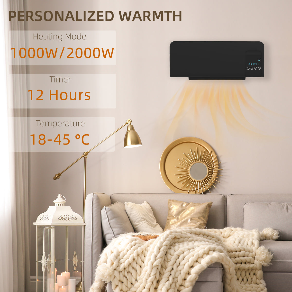 HOMCOM 2kW Wall-Mounted Heater, 18-45°C Temperature - Black