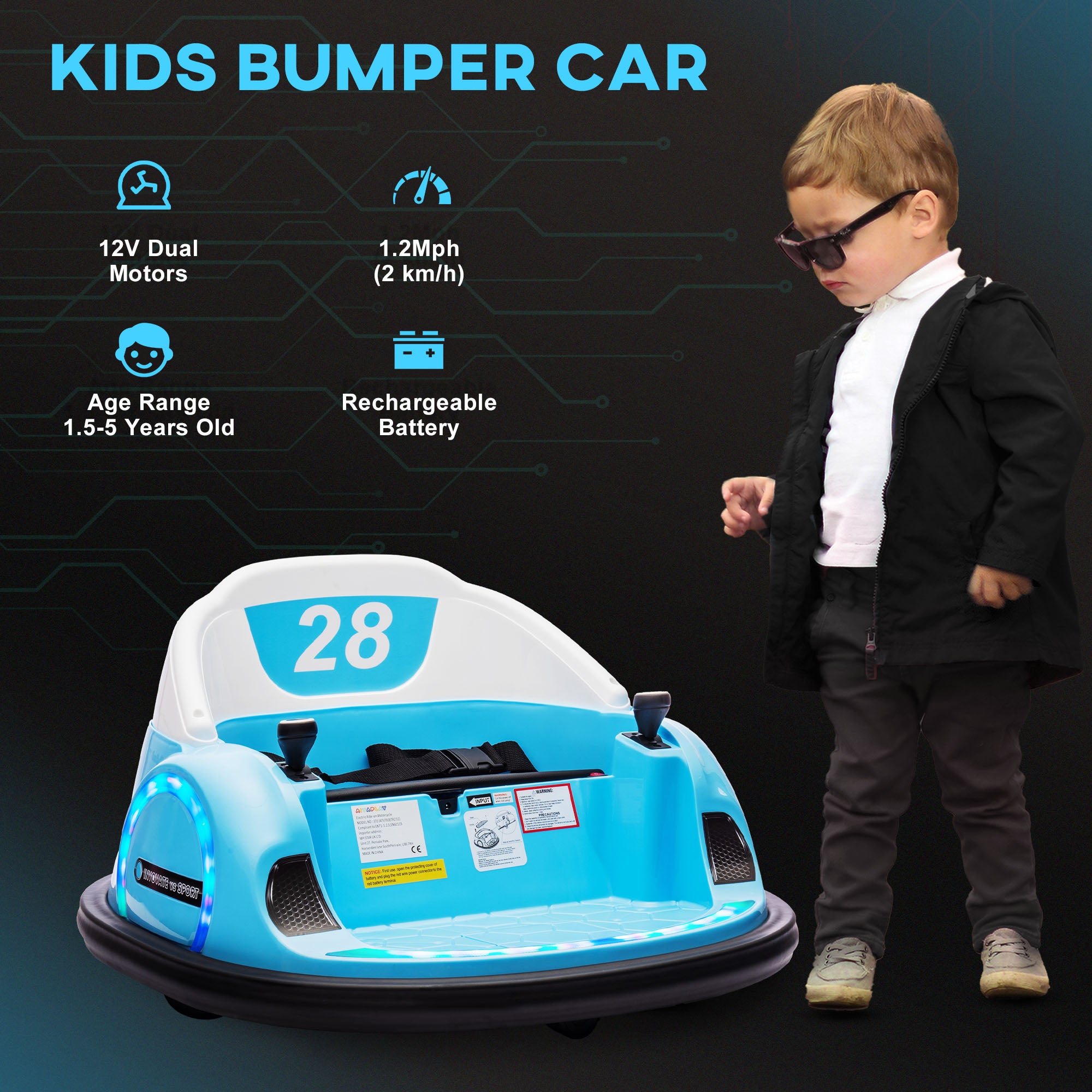 AIYAPLAY 360\'c2\'b0 Rotation Kids Bumper Car, 12V Waltz Car with Remote Control, Dual Joystick, Music, Lights, Light Blue