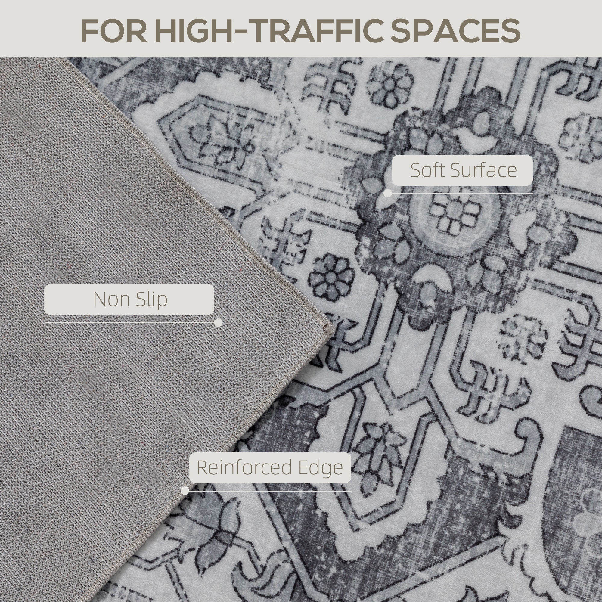 HOMCOM Vintage Area Rug, Non-Slip Washable Rug, Flannel Floor Carpet for Living Room, Bedroom, Dining Room, Home Office, 290 x 200 cm, Grey