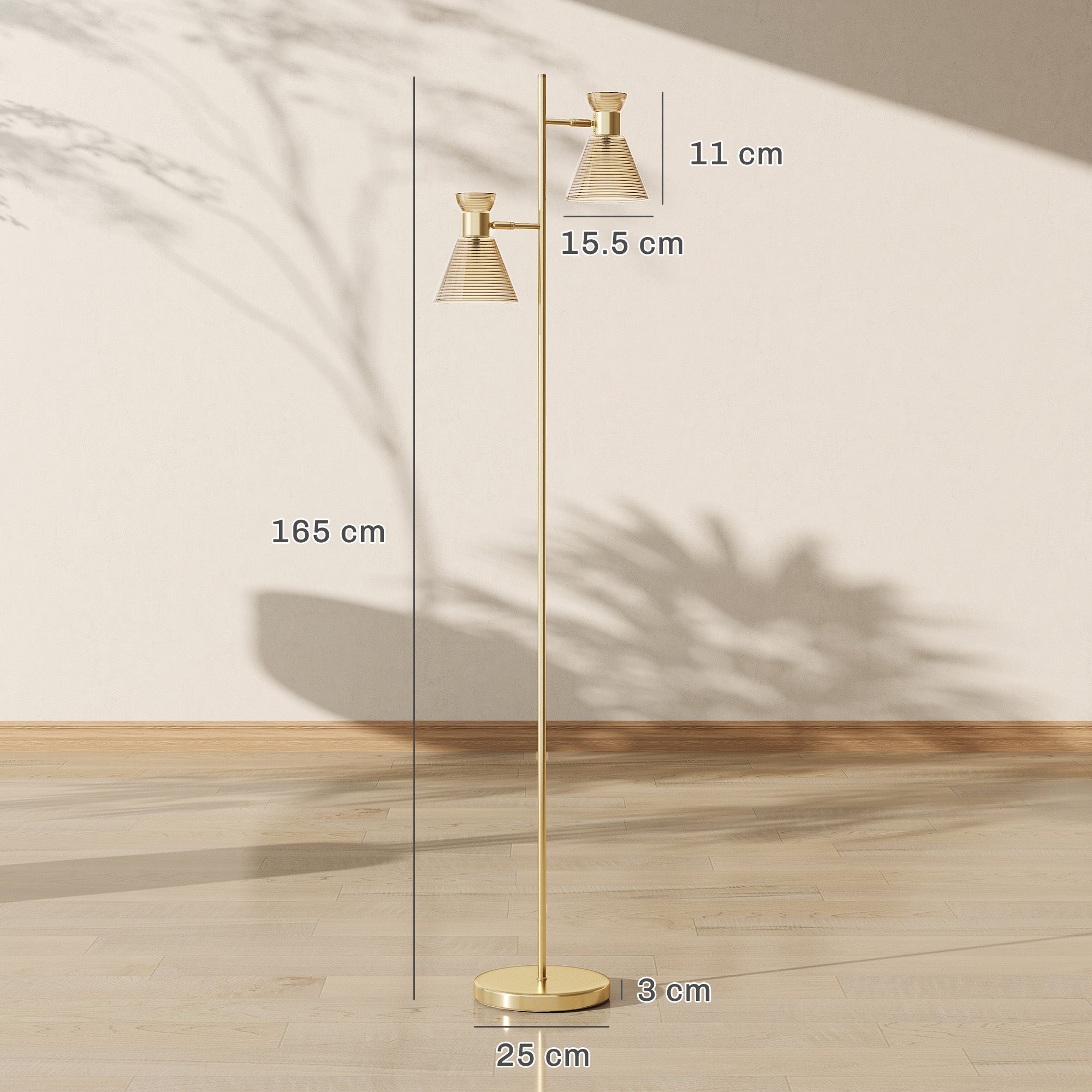 HOMCOM Floor Lamp with Adjustable Dual Head, Modern Standing Lamp with Floral Glass Shades and Foot Switch for Living Room Bedroom, E27 Socket, Bulb Not Included, Gold Tone