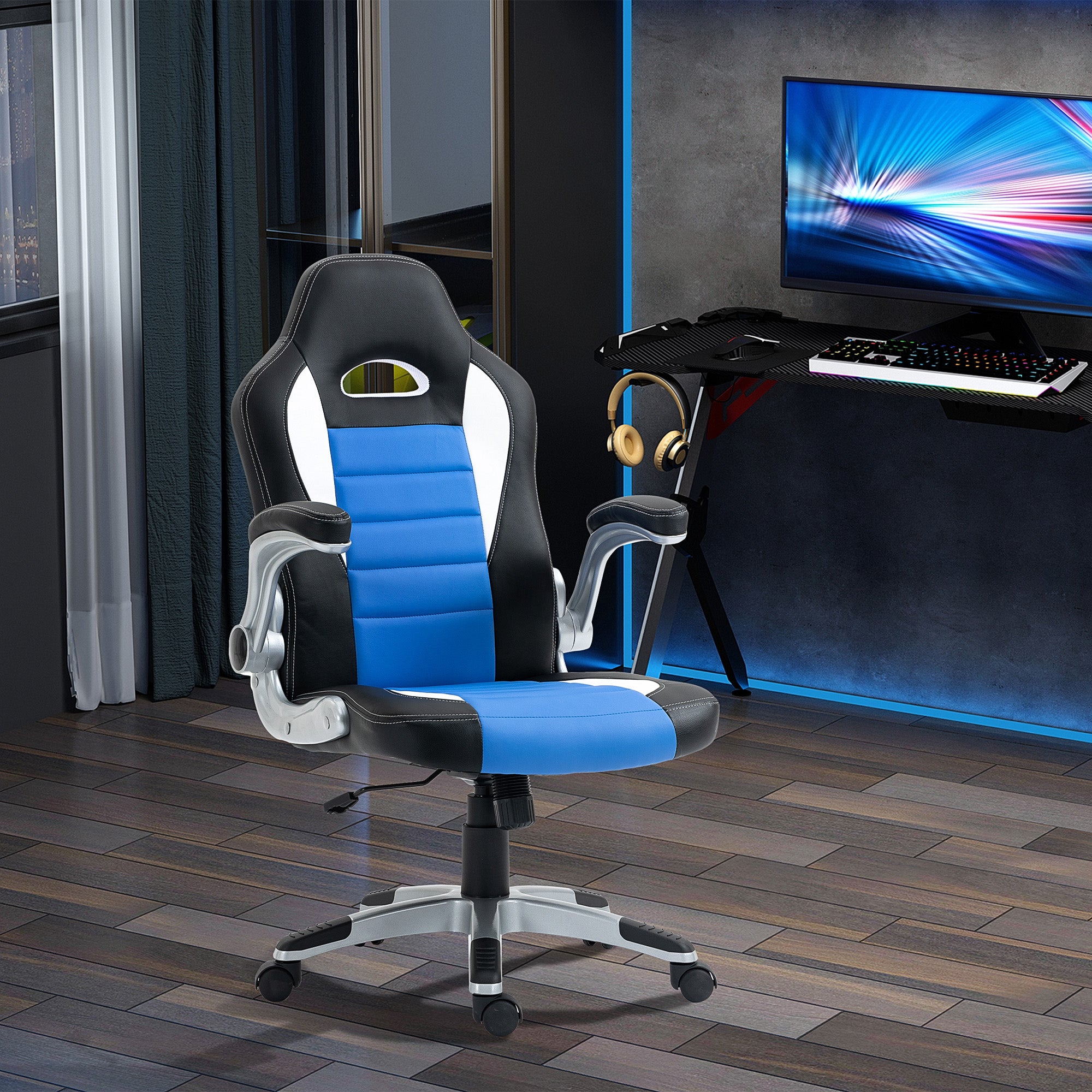 HOMCOM Computer Gaming Chair, Office Desk Swivel Chair, PU Leather Racing Chair with 90\'c2\'b0 Flip-up Armrest, Adjustable Height and Rolling Wheels, Blue