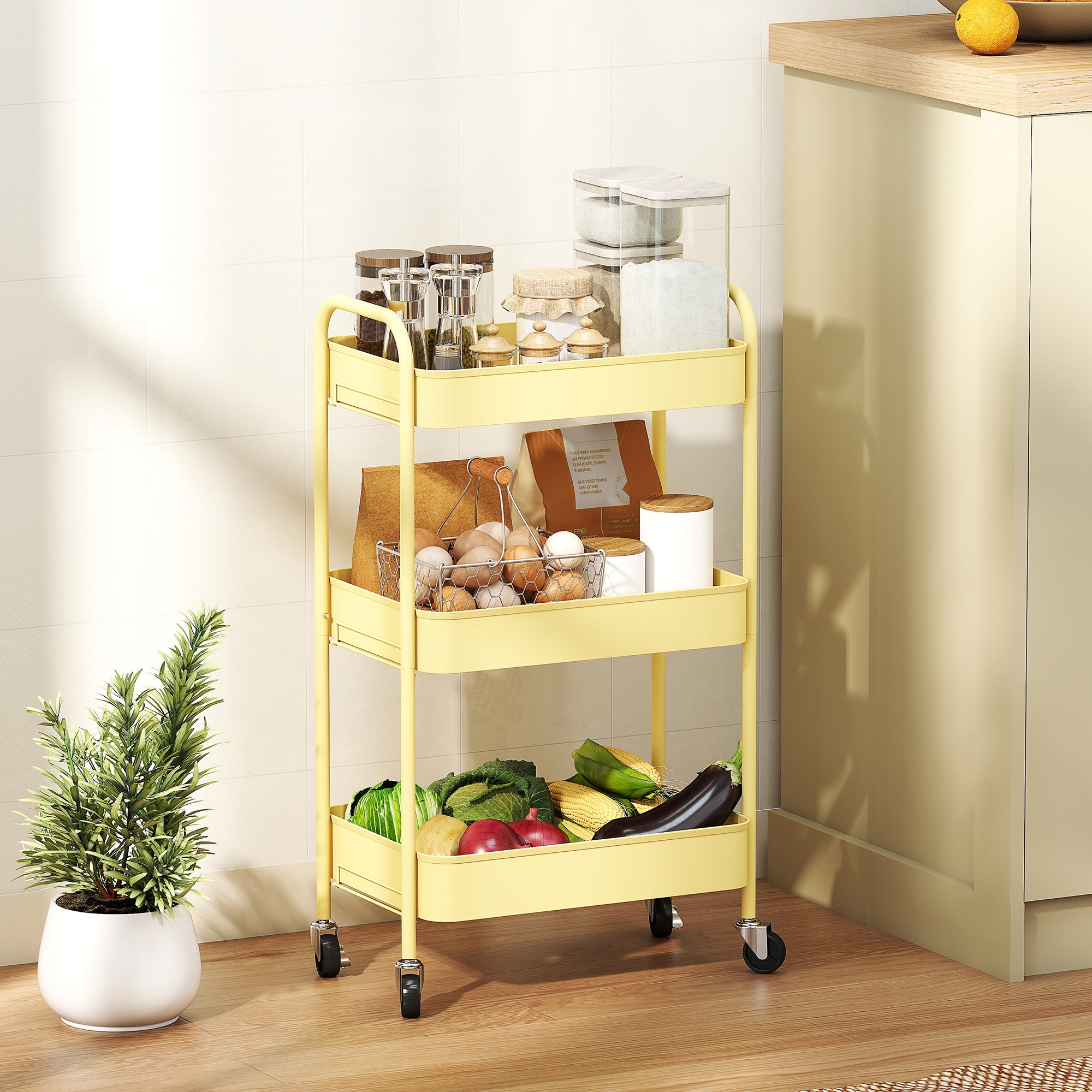 HOMCOM Three-Tier Steel Storage Trolley - Yellow