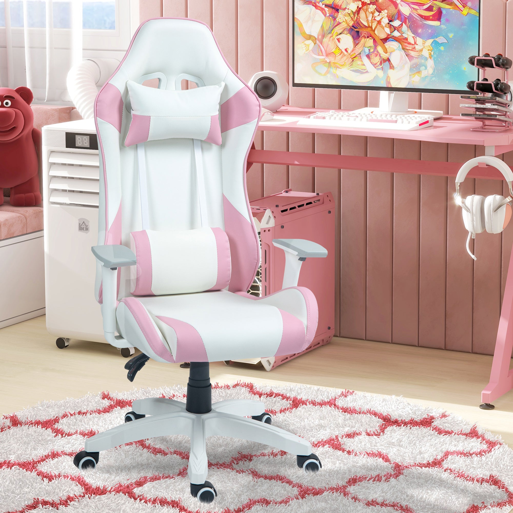 HOMCOM Faux Leather Colour Block Gaming Chair, with 135\'c2\'b0 Reclining Back - Pink/White