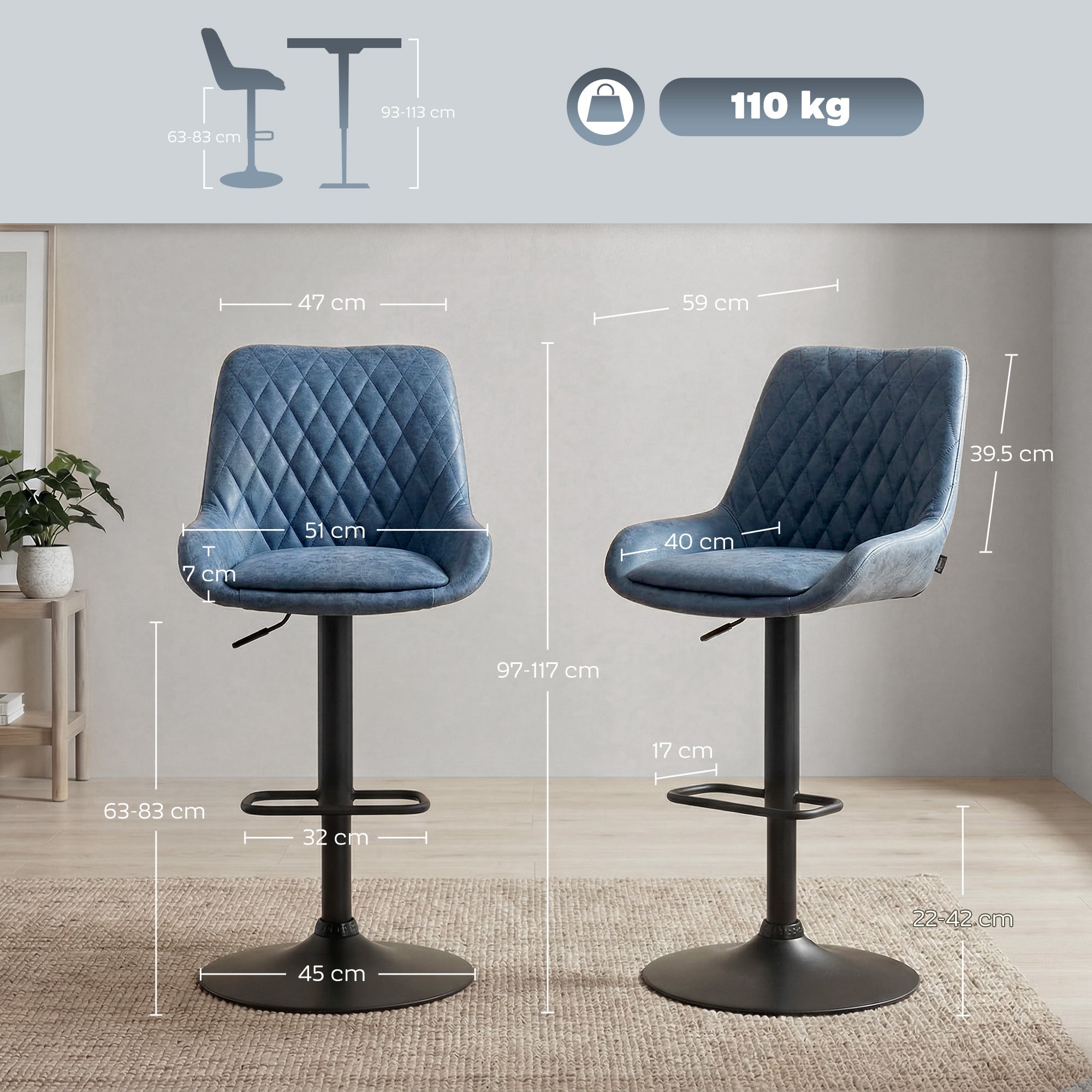 HOMCOM Set of Two Faux Leather Retro Bar Stools - Dark Blue