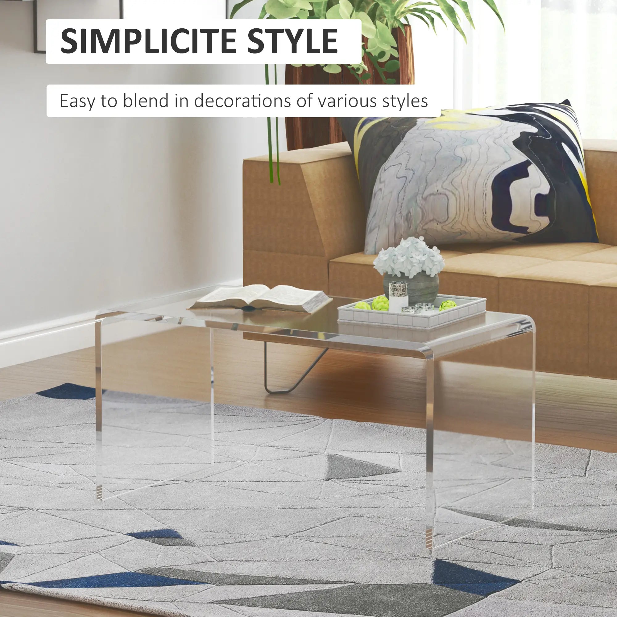 HOMCOM 32" Long Rectangle All Acrylic 15mm Thick Waterfall Coffee Table, Clear