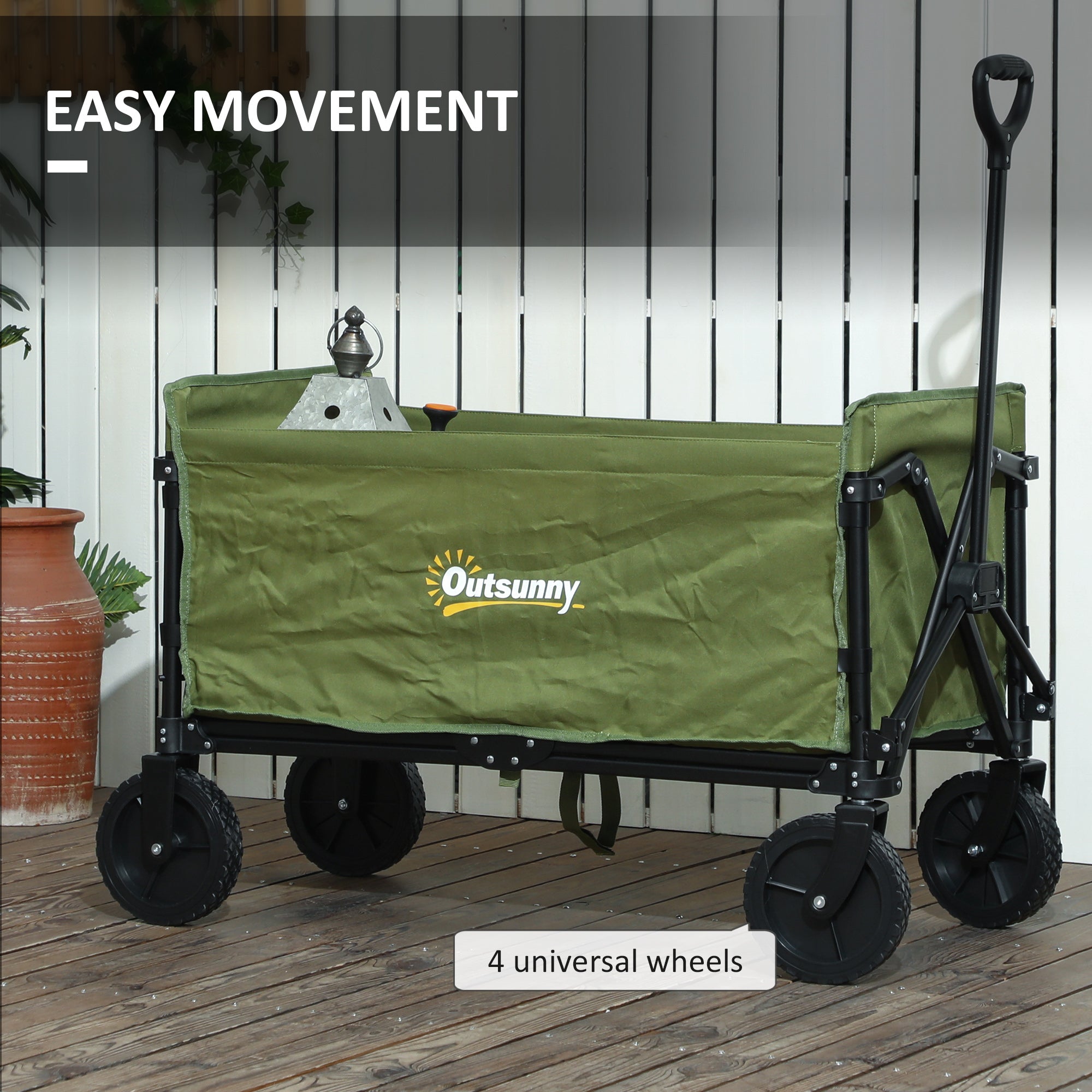 Outsunny 120L Folding Garden Trolley Cart, Outdoor Collapsible Wagon with Wheels and Adjustable Handle for Beach, Camping, Festival, Green
