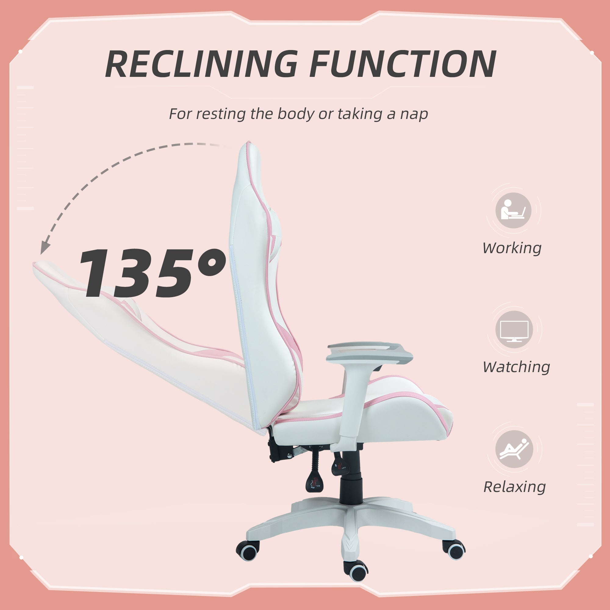 HOMCOM Faux Leather Colour Block Gaming Chair, with 135\'c2\'b0 Reclining Back - Pink/White
