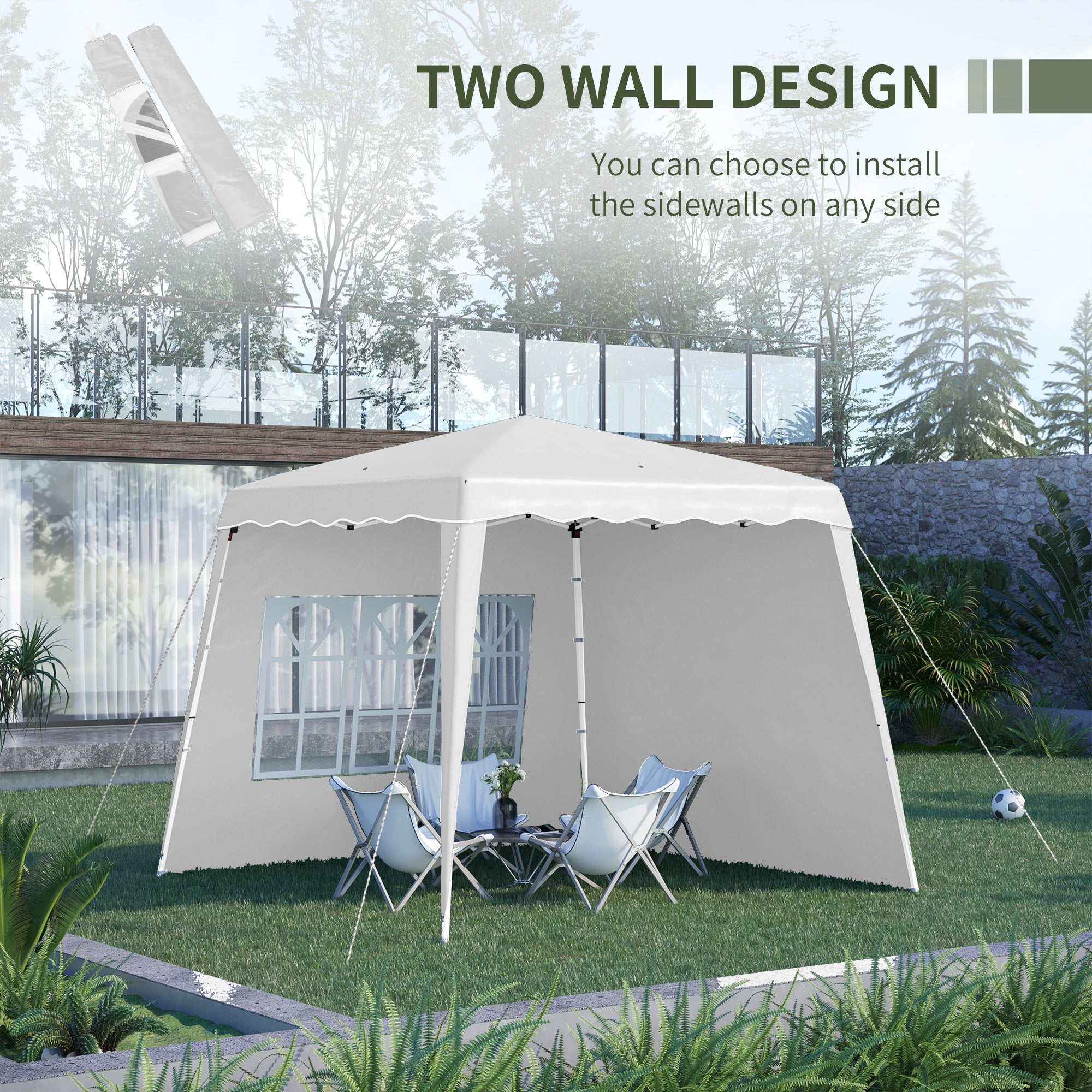Outsunny 2.9 x 2.9m Pop Up Gazebo Canopy Tent with 2 Sidewalls and Carry Bag, Height Adjustable, UV50+ Party Tent Event Shelter for Garden, Patio, White